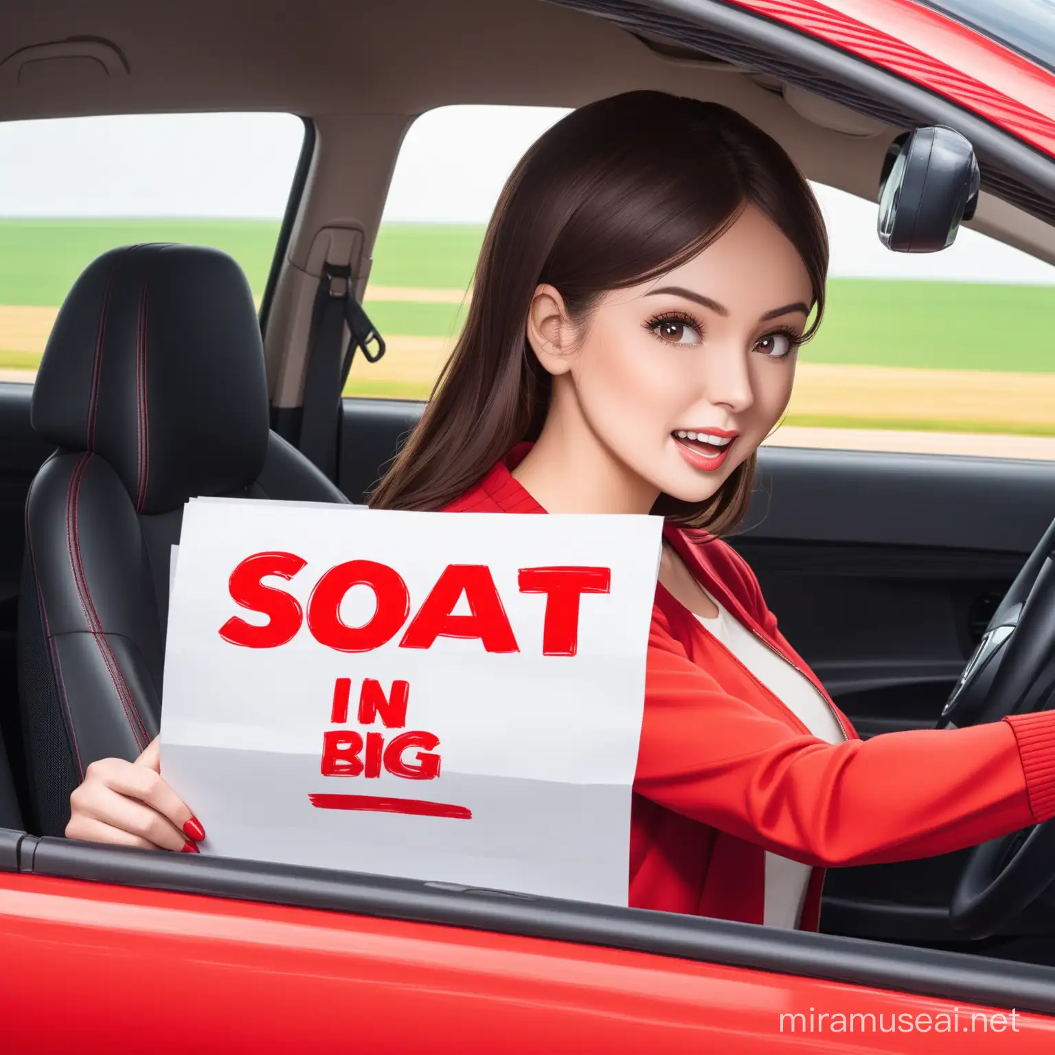Señora conduciendo con un papel en la mano q diga Soat con letras grandes y rojas 


