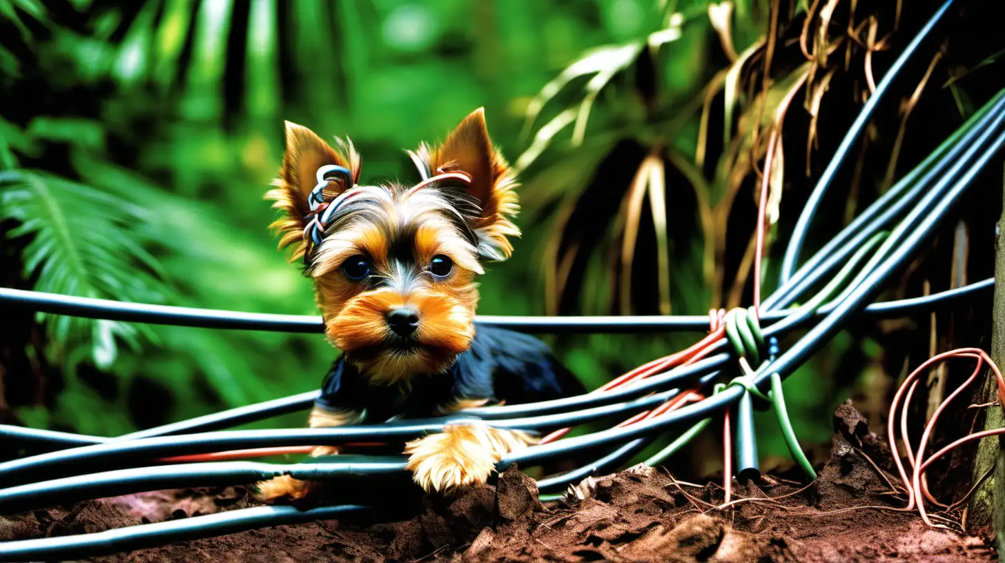 a real life cinamatic image of a brave little Yorkshire Terrier  In the jungles of New Guinea, laying communication wires through a narrow pipe. 