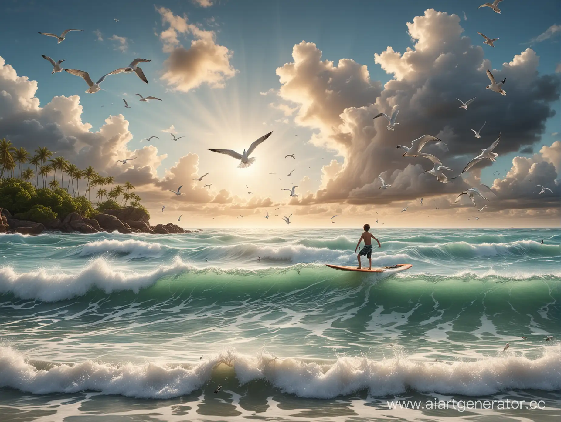 Доска для серфинга плывет по волнам моря, на доске сидит маленький мальчик, вокруг летают чайки, рядом коралловый островок, на небе облака, фон размытый, очень реалистично