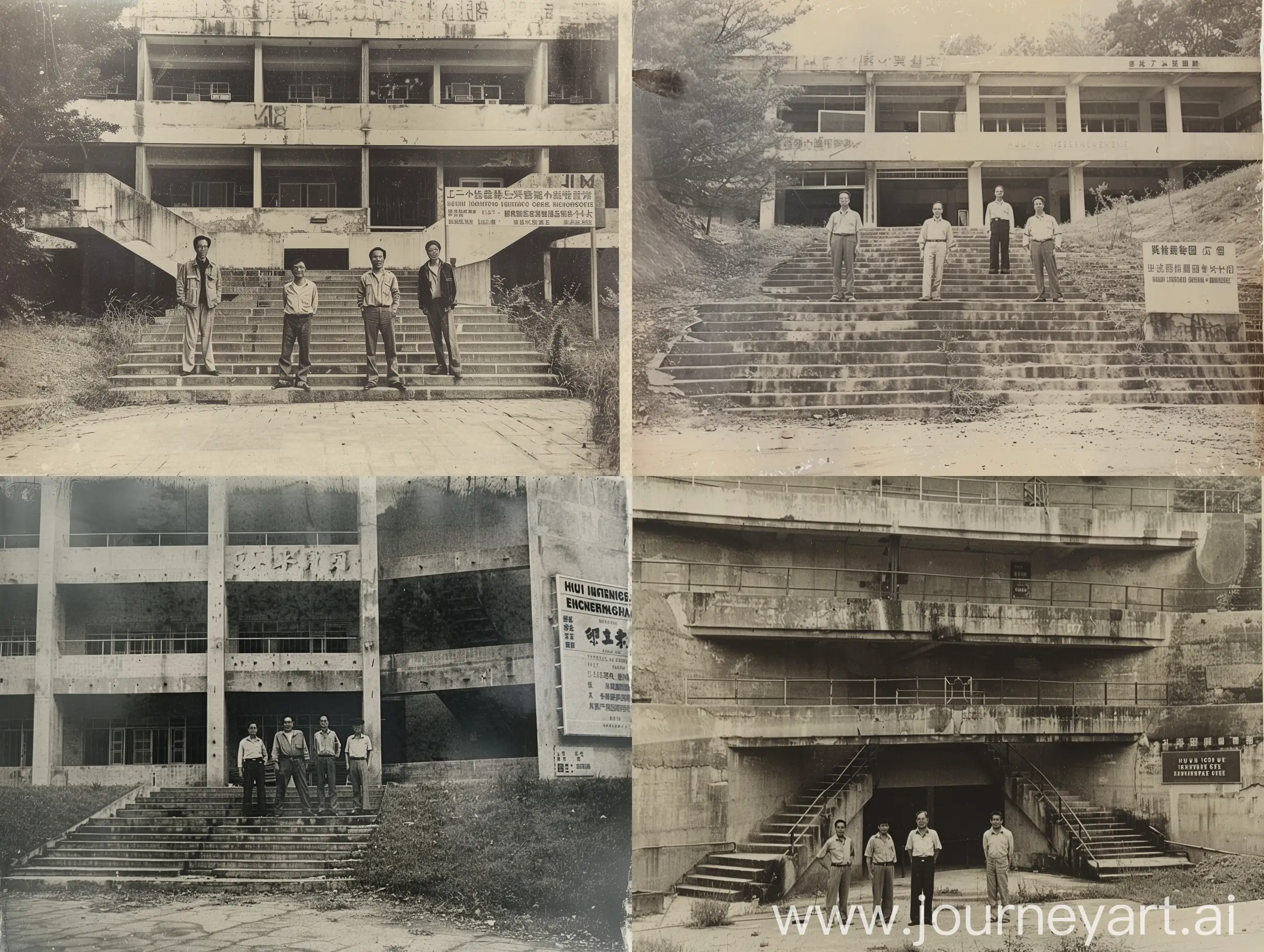 1970s-College-Men-Standing-in-Front-of-Hubei-Institute-of-Chemical-Engineering-and-Petroleum