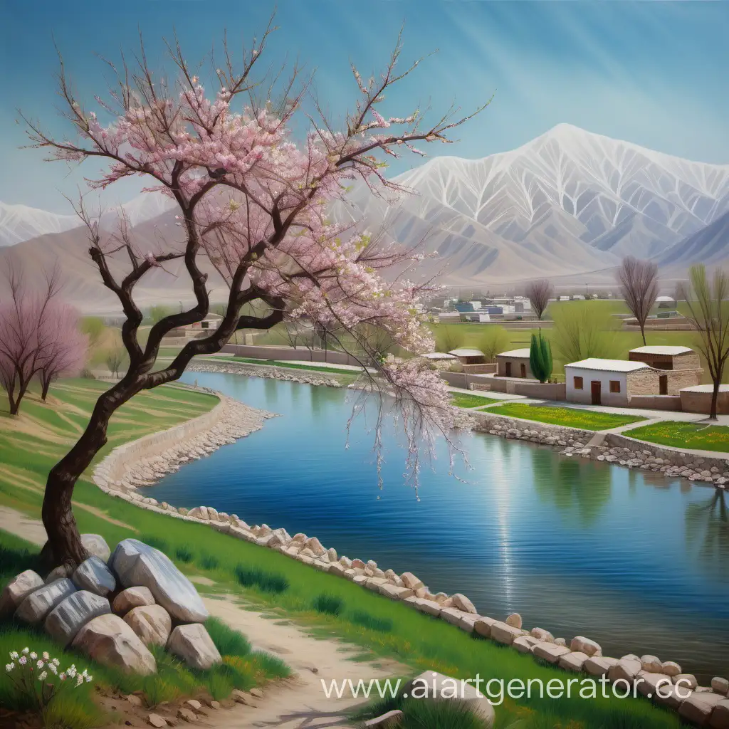 spring, Uzbek village, blooming tree, water, small stone, distant mountain, oil paint, photo realism