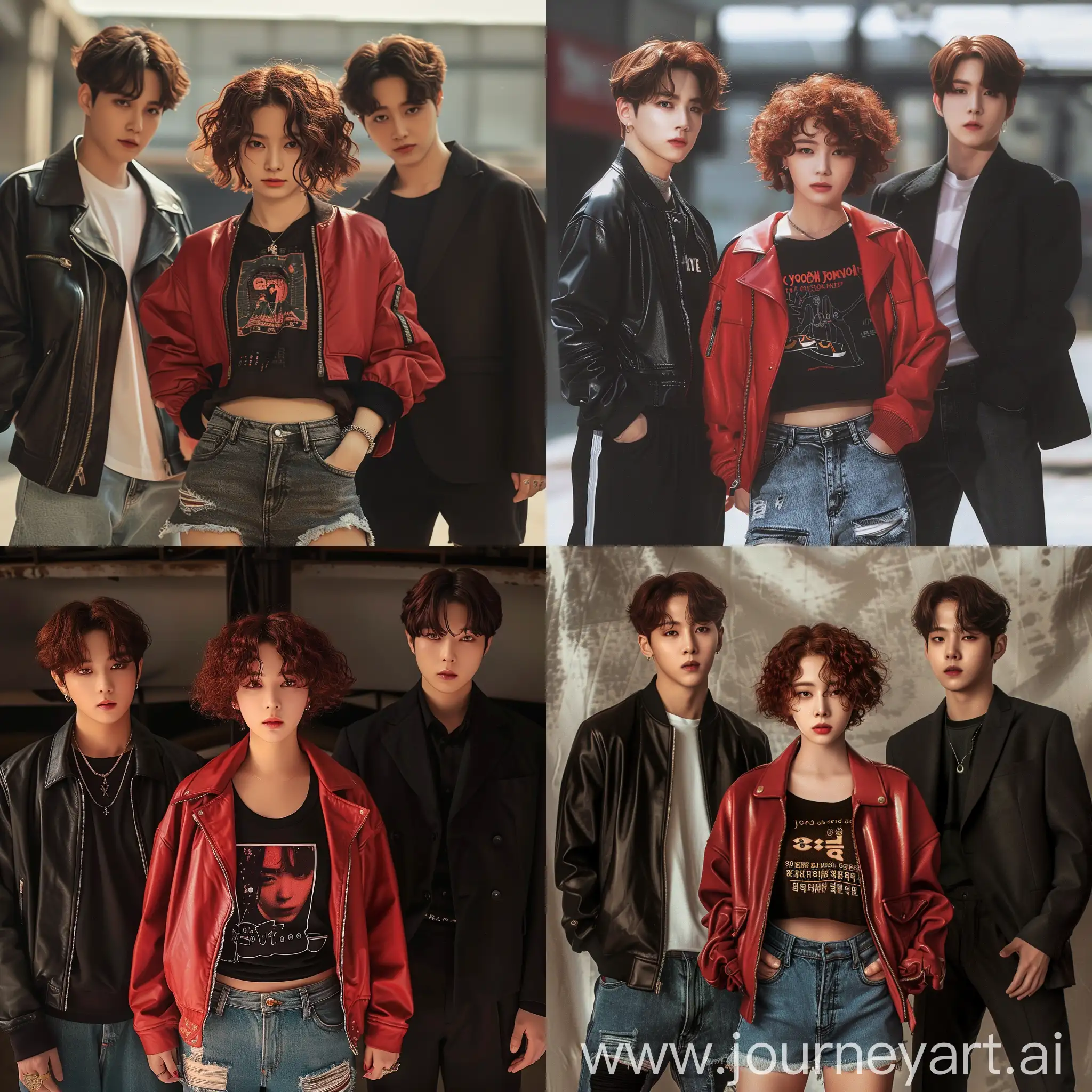 A photo of a Korean girl with short curly red-brown hair standing in the center. She is surrounded by two members of the popular K-pop band BTS, Jeon Jungkook and Min Yoongi. Jungkook stands on her left side, while Yoongi stands on her right side.


The Korean girl is wearing a stylish outfit consisting of a cropped red jacket over a black graphic t-shirt. She pairs it with high-waisted denim jeans and white sneakers. Her curly red-brown hair frames her face beautifully, and her expressive eyes shine with excitement. She has a warm and friendly smile, which adds to her charm.


Jungkook, on the left side of the image, is wearing a black leather jacket over a white t-shirt. He pairs it with ripped jeans and black boots. His dark brown hair is styled in a trendy manner, and his sharp facial features accentuate his handsome appearance. He gazes at the girl with admiration, his expression hinting at a sweet and endearing emotion.


Yoongi, on the right side of the image, is dressed in a comfortable yet fashionable attire. He wears a black suit. Yoongi looks at the girl with a gentle and serene expression, his aura radiating calmness and attentiveness.


The image captures the trio in a harmonious moment, with the girl at the center, surrounded by Jungkook and Yoongi. The realistic style of the image emphasizes the details and textures, bringing the characters to life.
