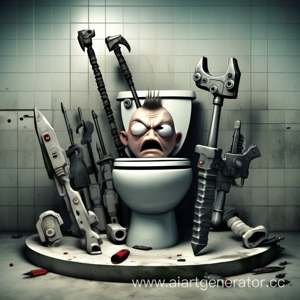 Bizarre-Scene-Head-Emerging-from-Toilet-Surrounded-by-Weapons