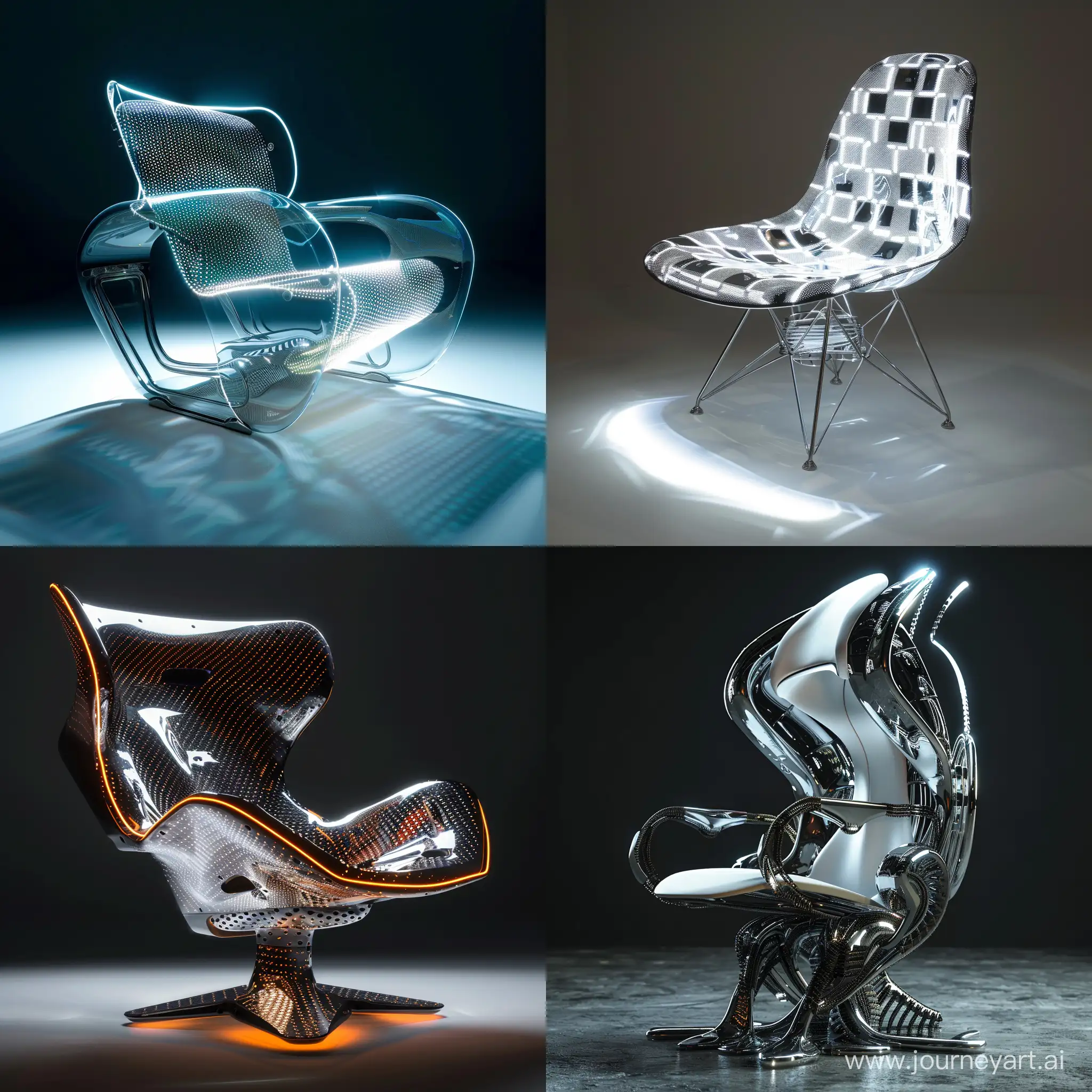 создай стул будущего, высокая детализация, яркое освещение, материал железо и пластик