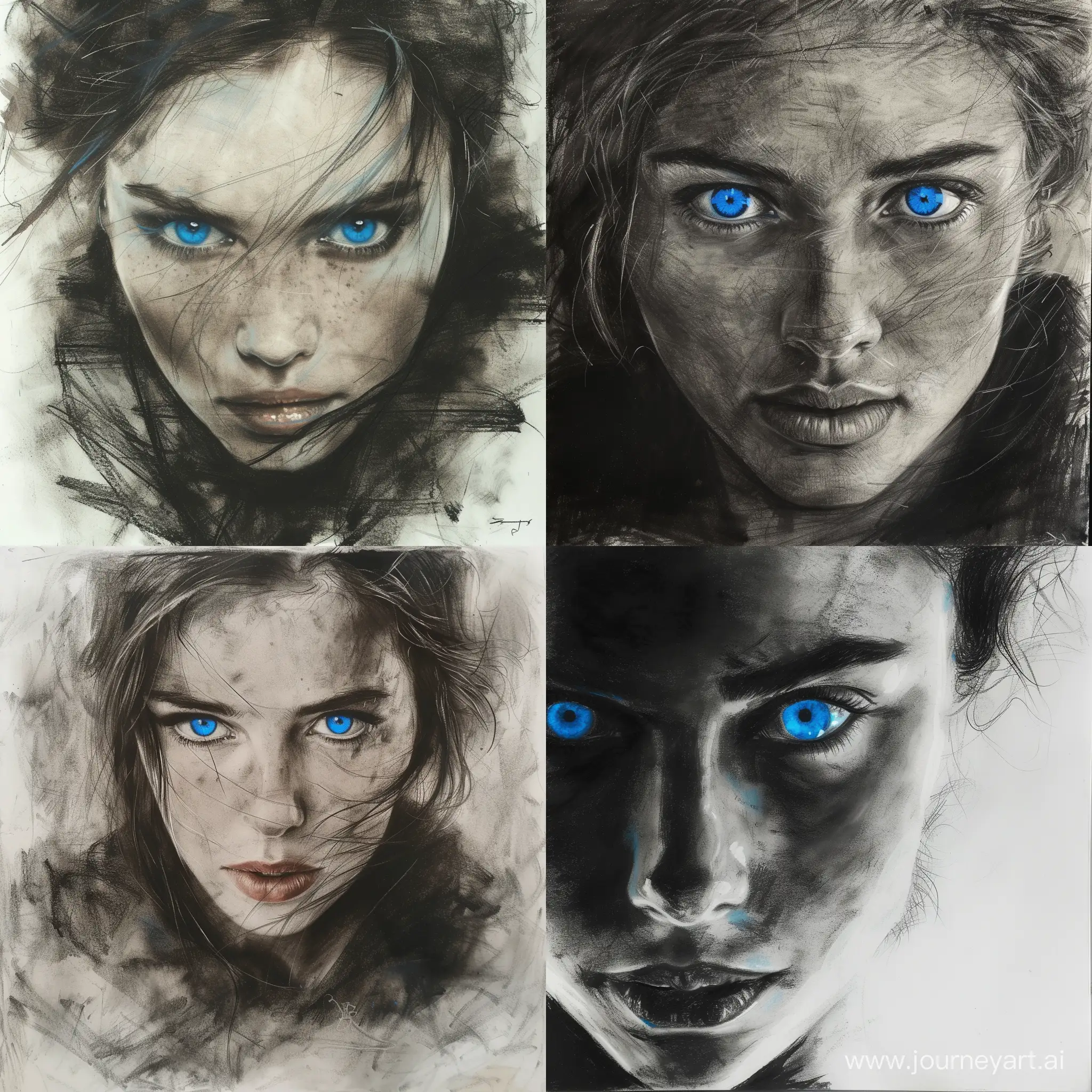 a charcoal drawing 
of a woman with blue eyes