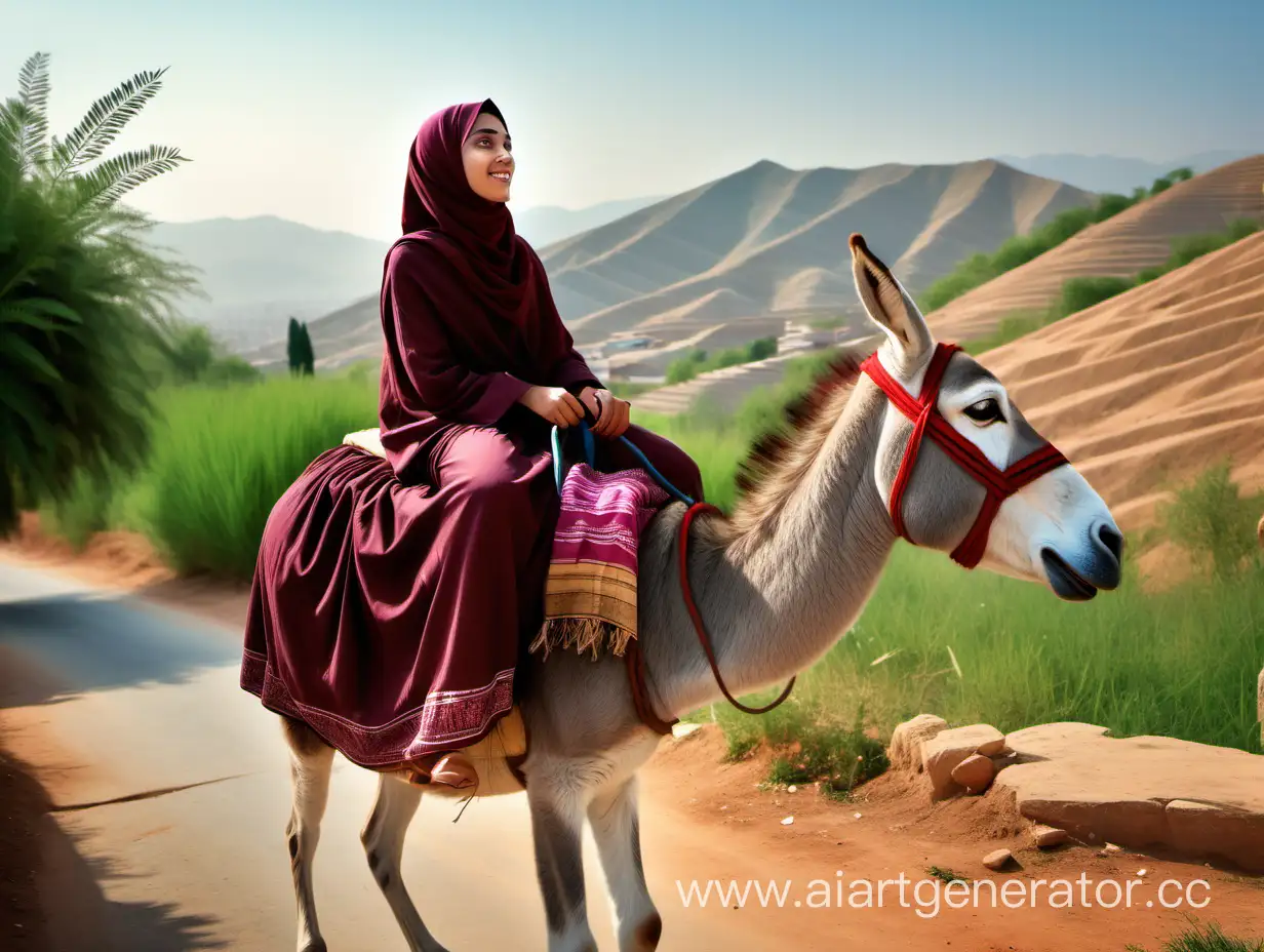 Graceful-Muslim-Woman-Riding-Donkey-in-Serene-Rural-Landscape