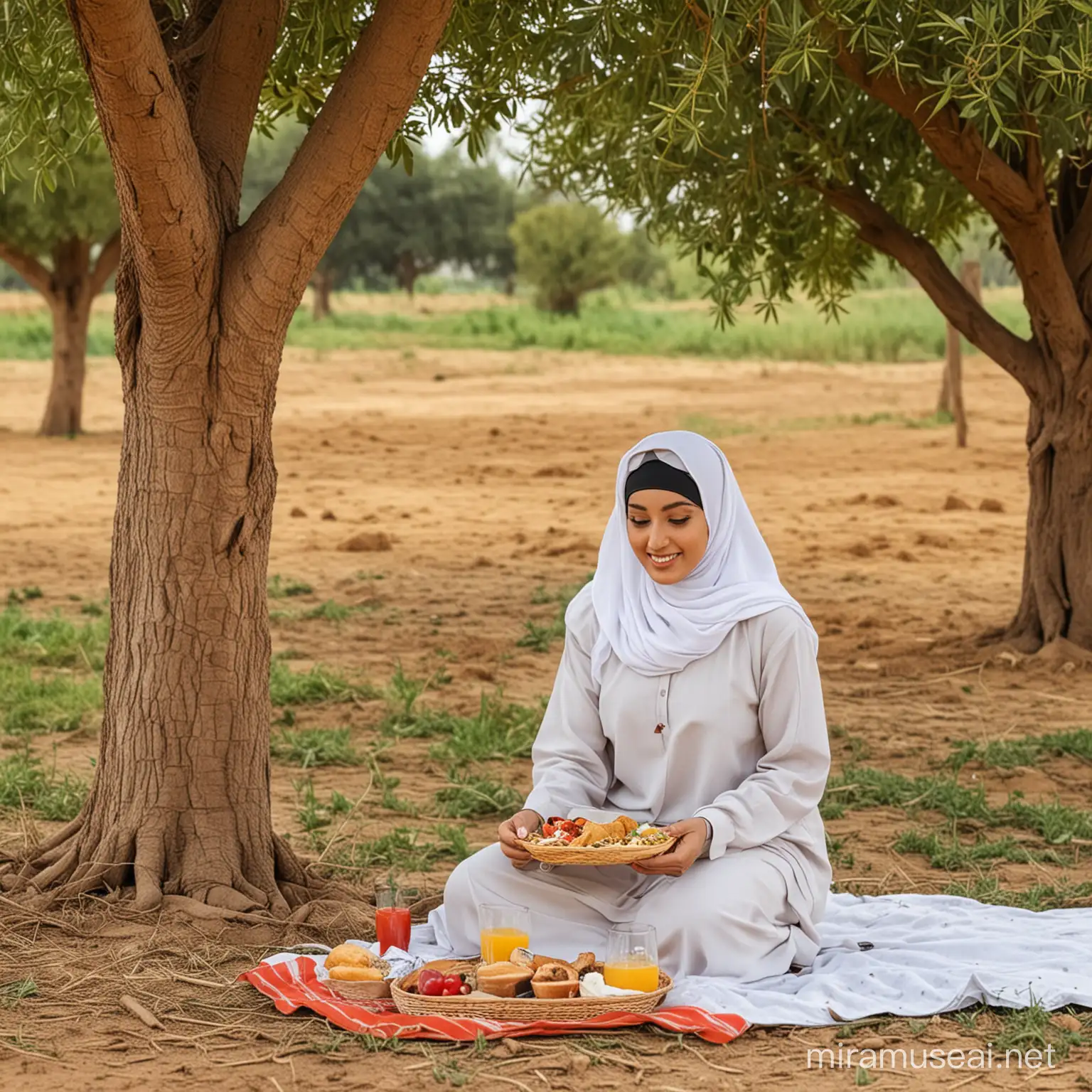 Egyptian hijab woman having lunch under the tree in the farm field