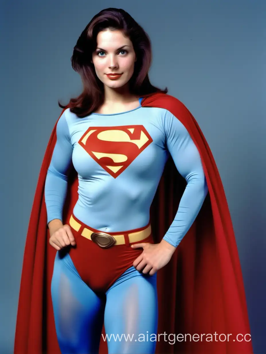 A beautiful woman with brown hair. Age 27. She is happy and muscular. She has the physique of a bulky body builder. She is wearing the classic Superman costume worn by Christopher Reeve in "Superman The Movie", with (blue opaque leggings), (long blue sleeves), red briefs, red boots, and a long cape. Her costume is made of very soft cotton fabric. She is posed like a superhero. Strong and powerful.