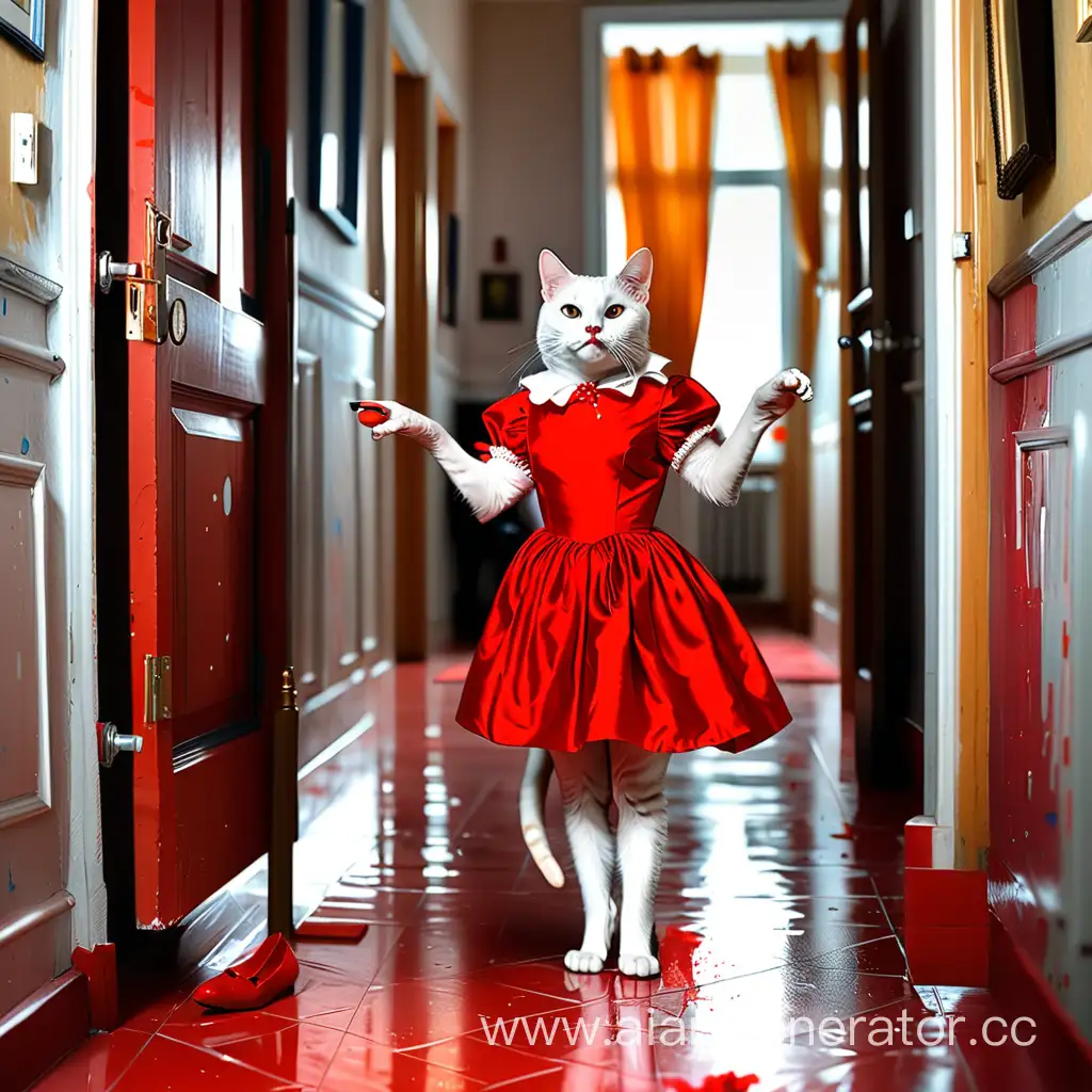 Кошка красивая стоит на двух лапах ,одета в красивое красное платье красит губы в прихожей квартиры
