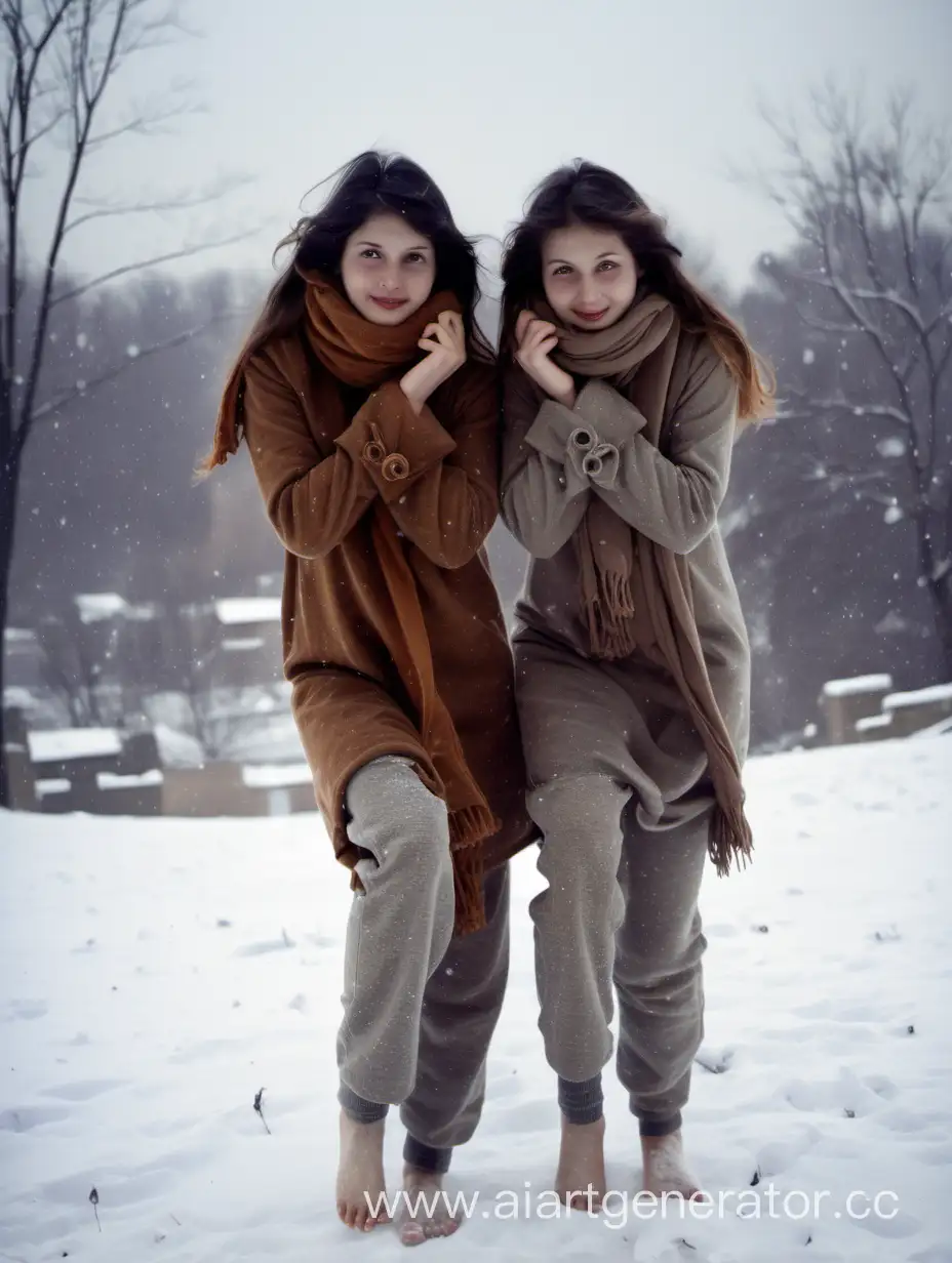 Foreign-Sisters-Enjoying-Winter-Barefoot-in-the-Snow