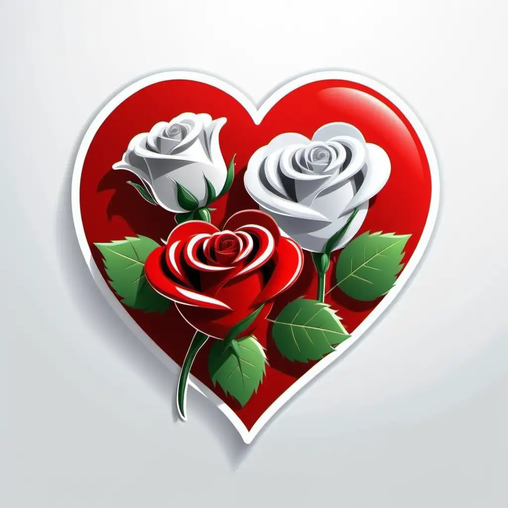 Sticker, cartoon, Heart, red and white 3d roses, vector, white 
background 