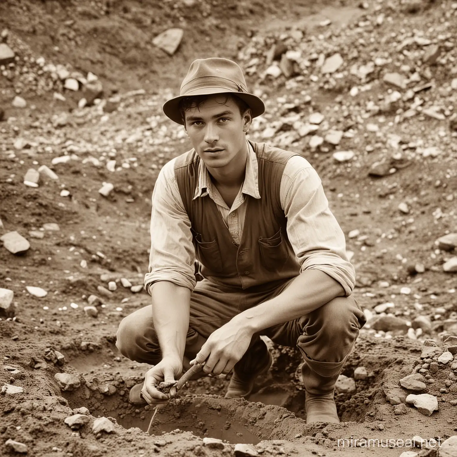 Young Man Archaeologist Excavating in 1920s Europe with Brown Hair and Hat