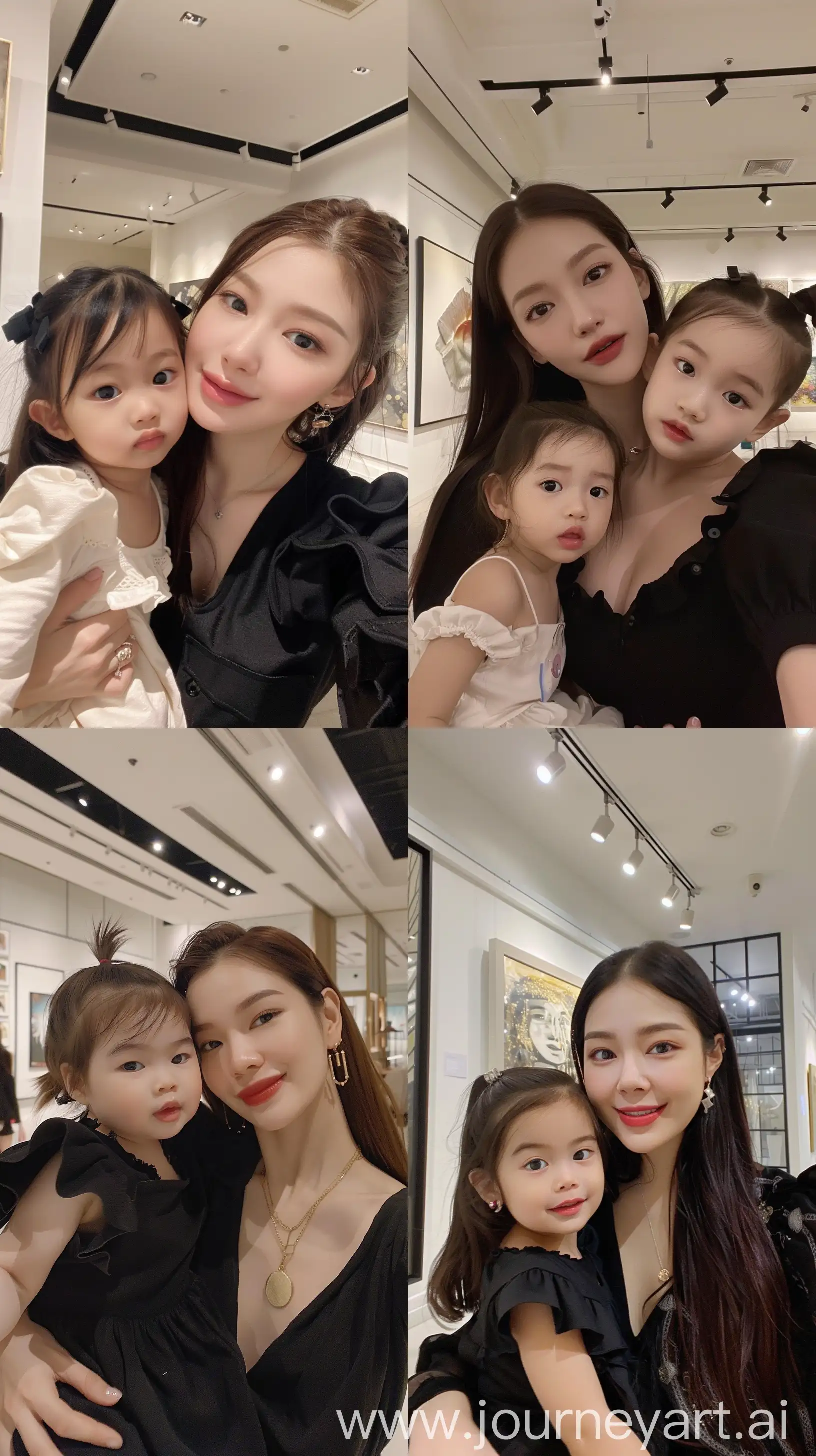blackpink's jennie selfie with 2 years old  girl, facial feature look a like blackpink's jennie, aestethic selfie, inside modern art gallery, night times, aestethic make up,hotly elegant young mom --ar 9:16 