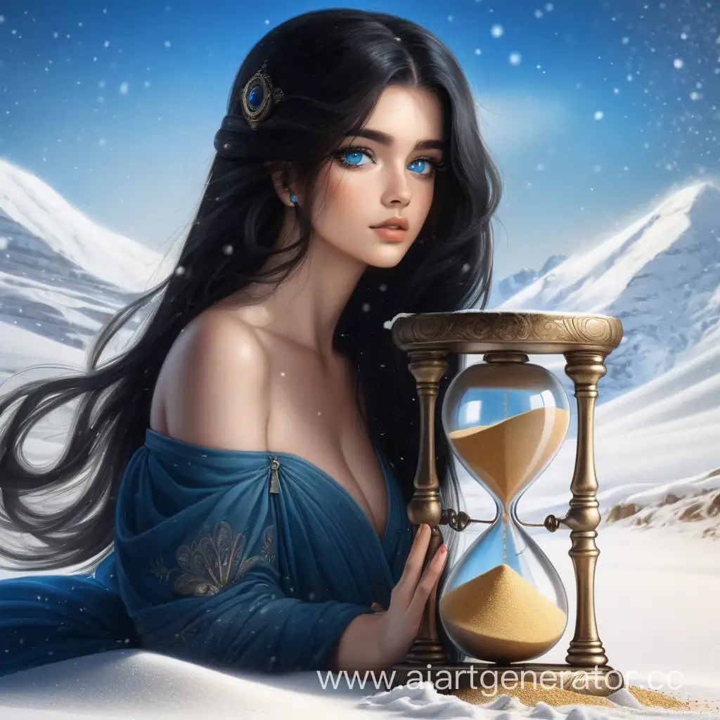 Elegant-Woman-with-Antique-Hourglass-in-Snowy-Setting