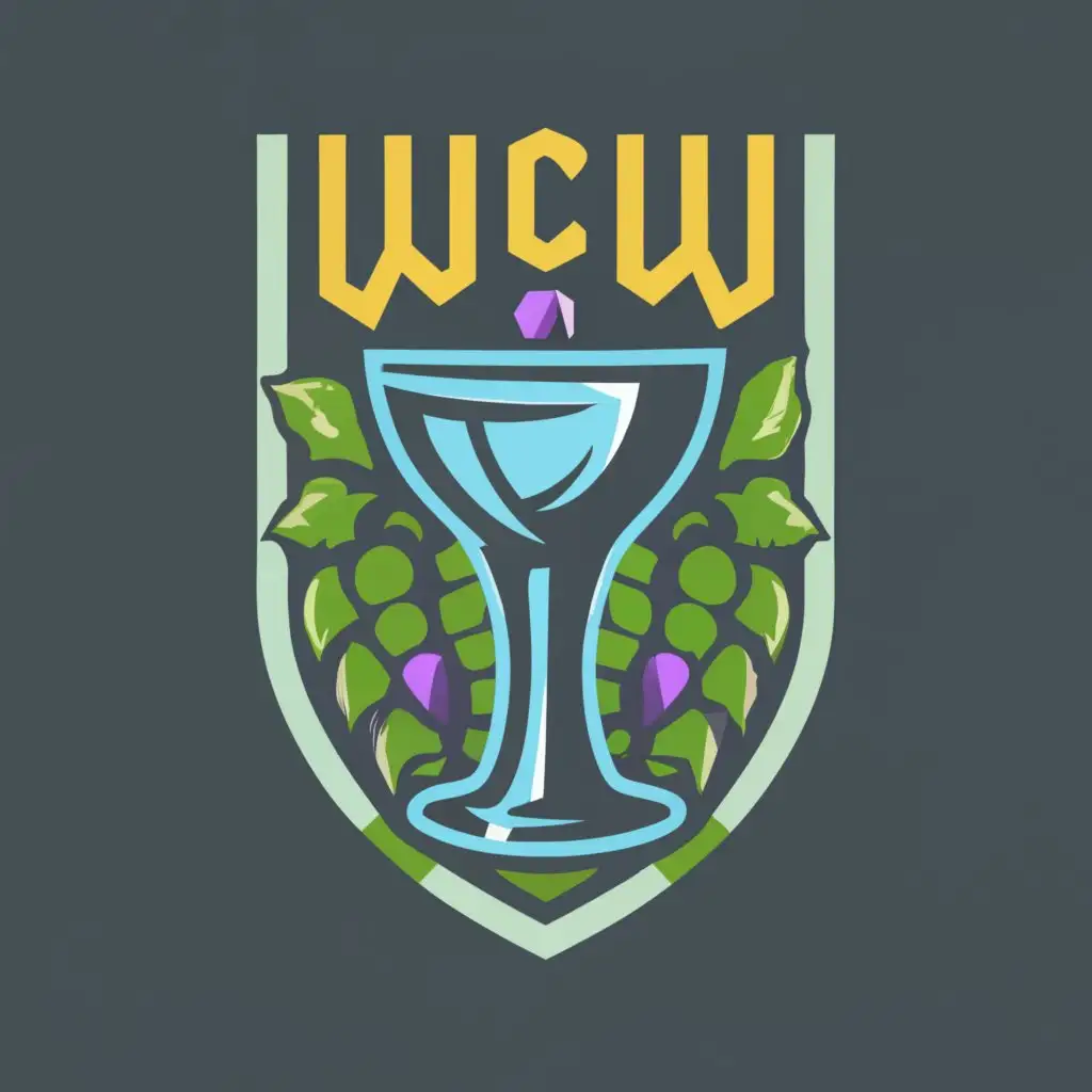 logo, 4k, vector, emblem, Winecountrywarehouse, insignia, wine glass, table grapes, grape field, shimmering diamonds, emerald, indigo,space Thoth in futuristic armor, muscular, with the text "WCW", caligraphy, be used in Retail industry
