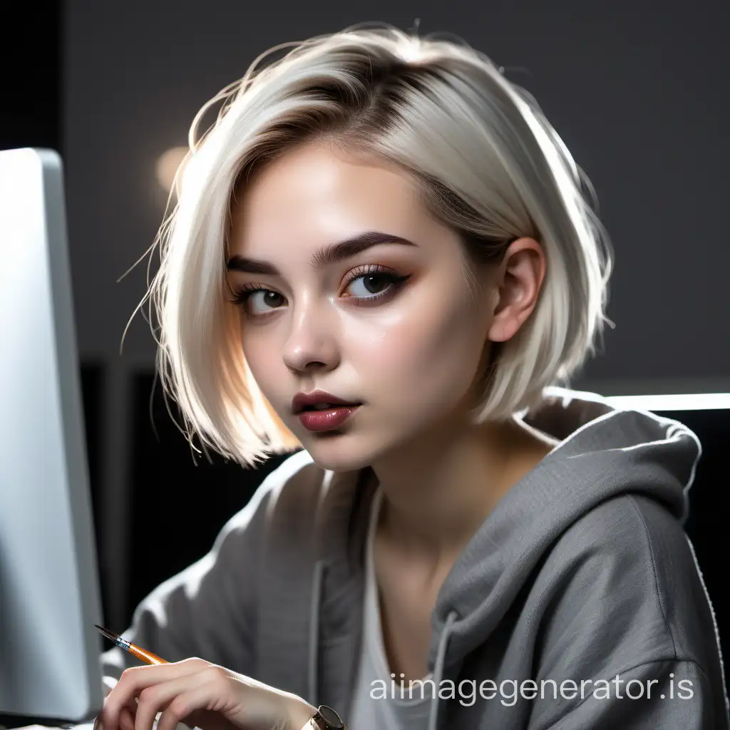 paint a girl with short light hair, a mole above her lip, working very productively at the computer