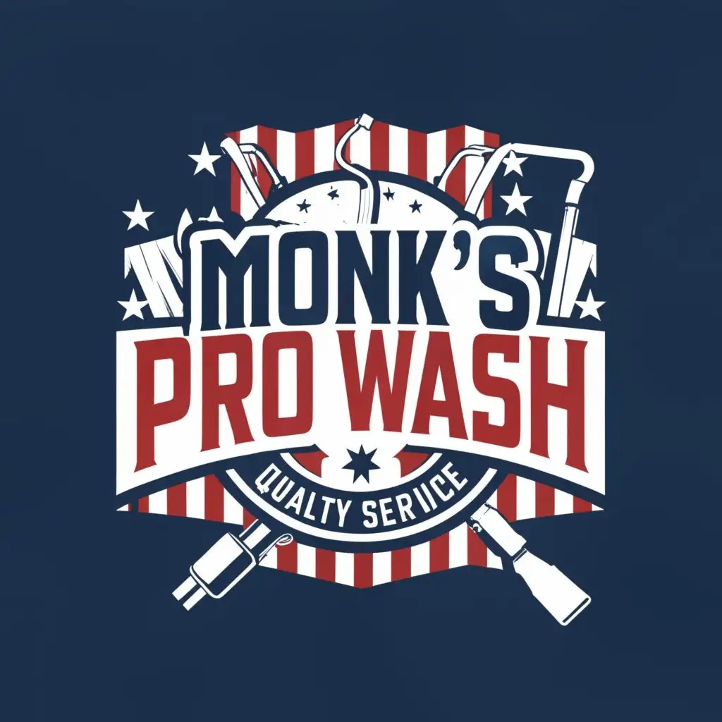 LOGO-Design-for-Monks-Pro-Wash-American-Flag-Badge-Pressure-Washing-Gear-Bubbles-on-a-Moderate-Clear-Background