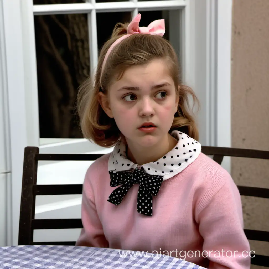 Serious-Girl-in-Pink-Sweater-with-Polkadot-Bow-and-Ceramic-Plate-Decor