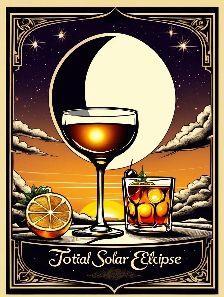 
Isolated illustration of Large total solar eclipse in beautiful sky 
background, a whisky and cocktail drinks in foreground. All to be confined within frame border. Do not crop images. 

