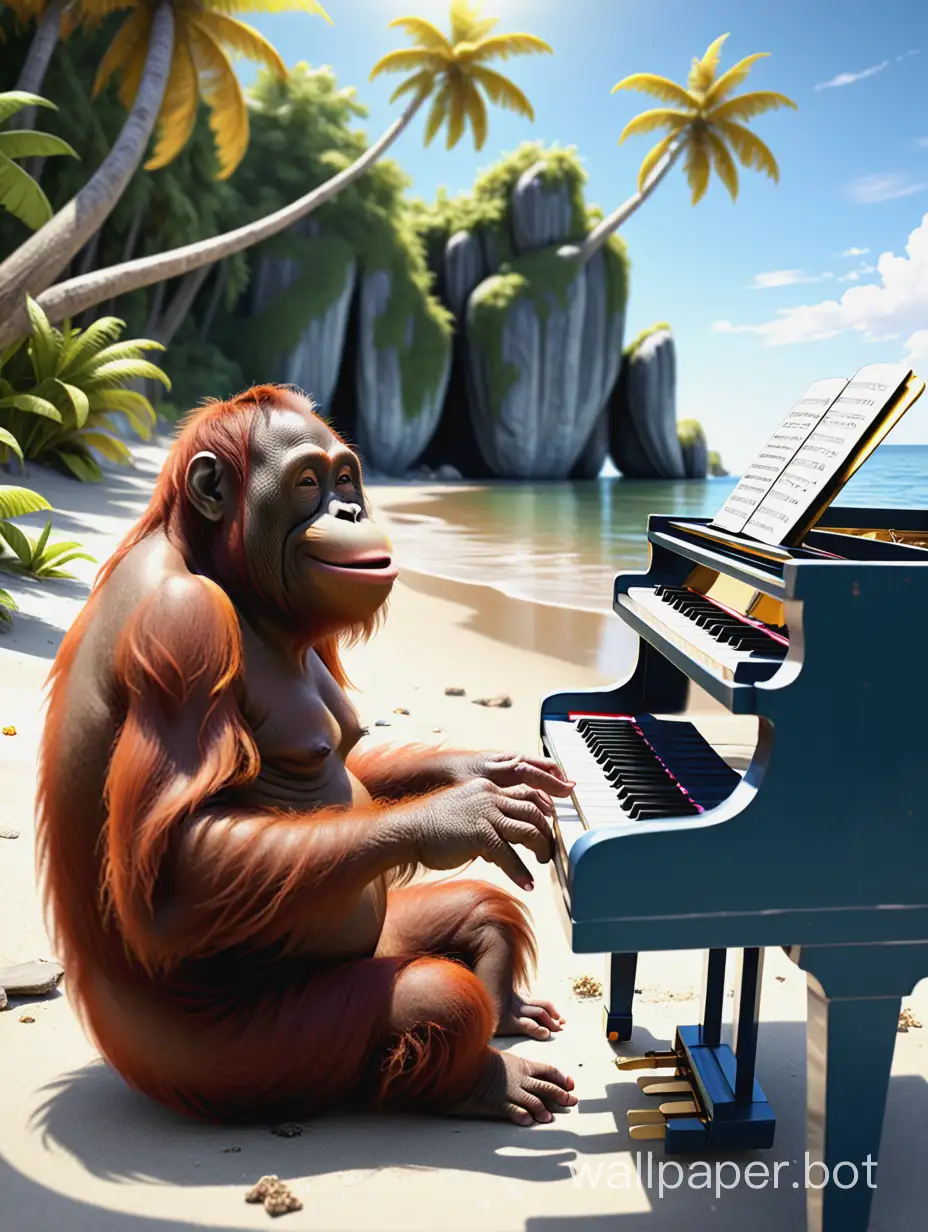 The orangutan is happily playing the piano on the shore of the sunny sea.