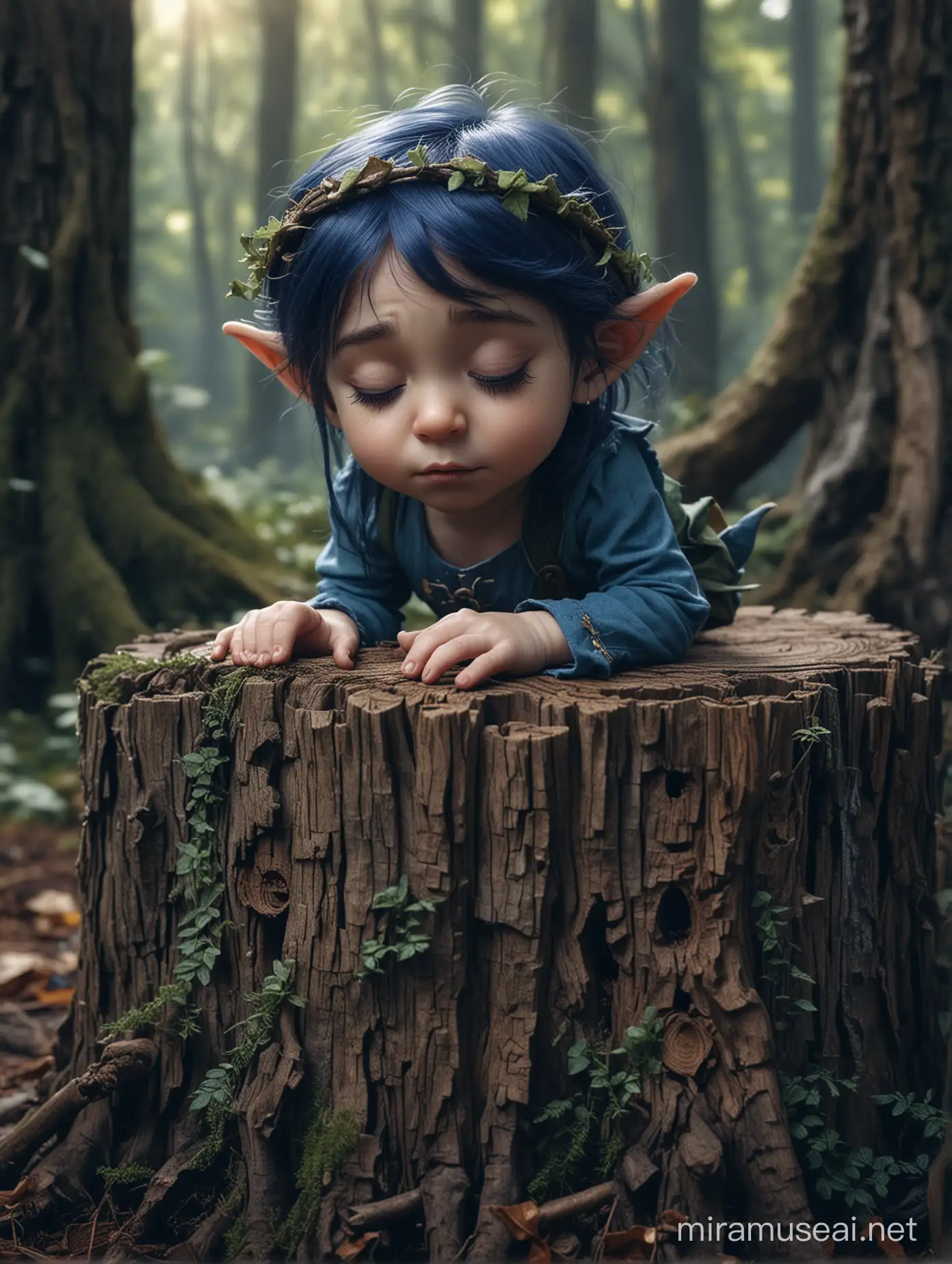 petite lutine boudeuse yeux fermés coincée dans une souche jusqu'à la taille, cheveux bleu foncé dans forêt magique et féérique