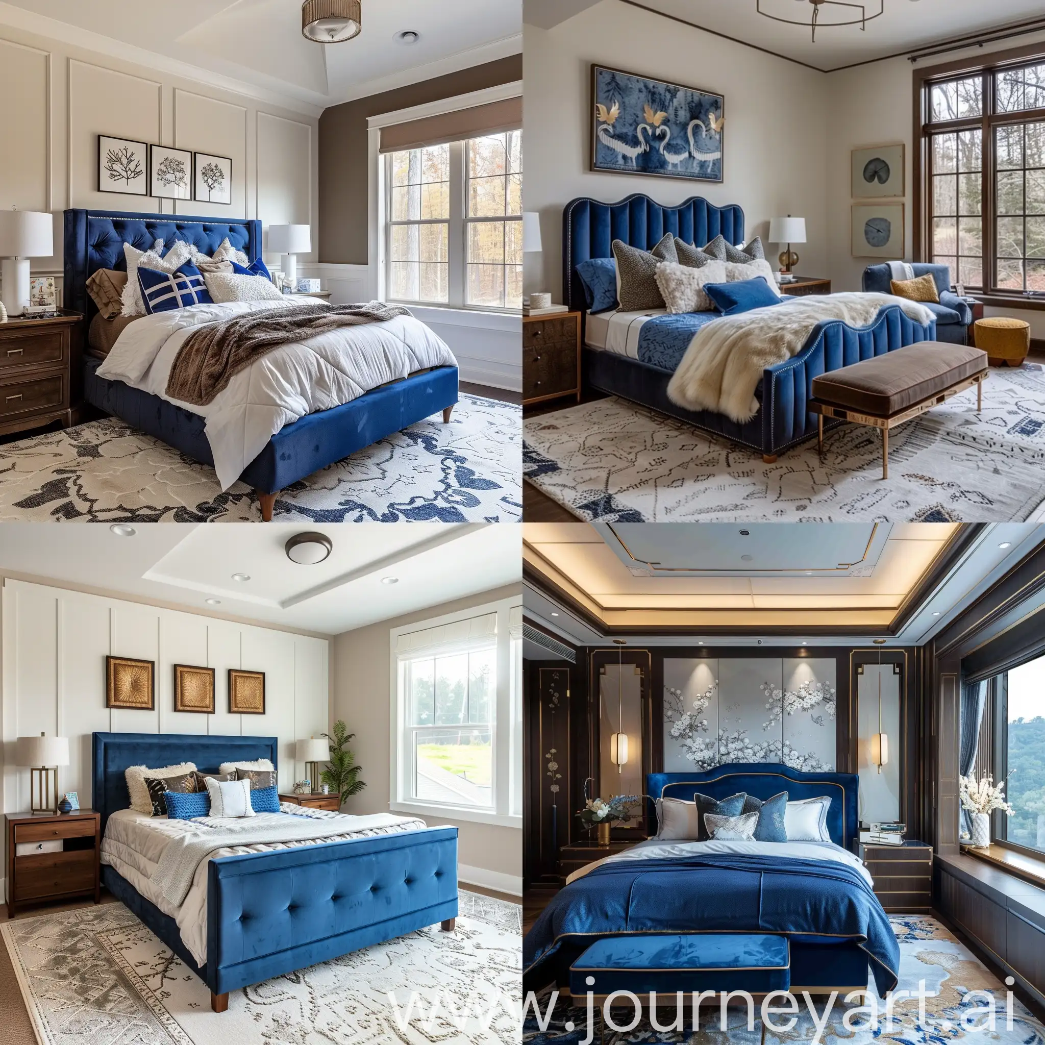 Camera da letto grande con letto blu decorazioni bianche mobili marroni finestra a destra