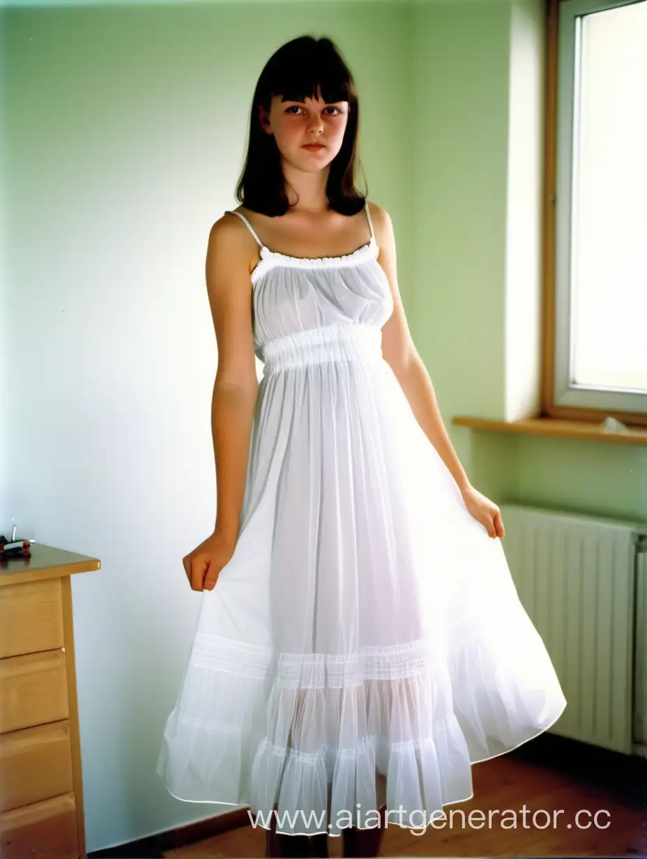 18 Jahre alte Anke Götz aus Liederbach am Taunus, mit dunklem Bubikopf, in einem weißen, gesmokten Sommerkleid mit Spaghettiträgern und langem transparentem Volantrock, in Ihrem Zimmer, im Stil des Jahres 1996 