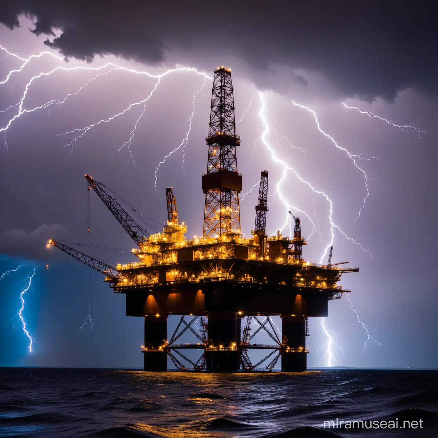 Large oil rig with lightning in the background.