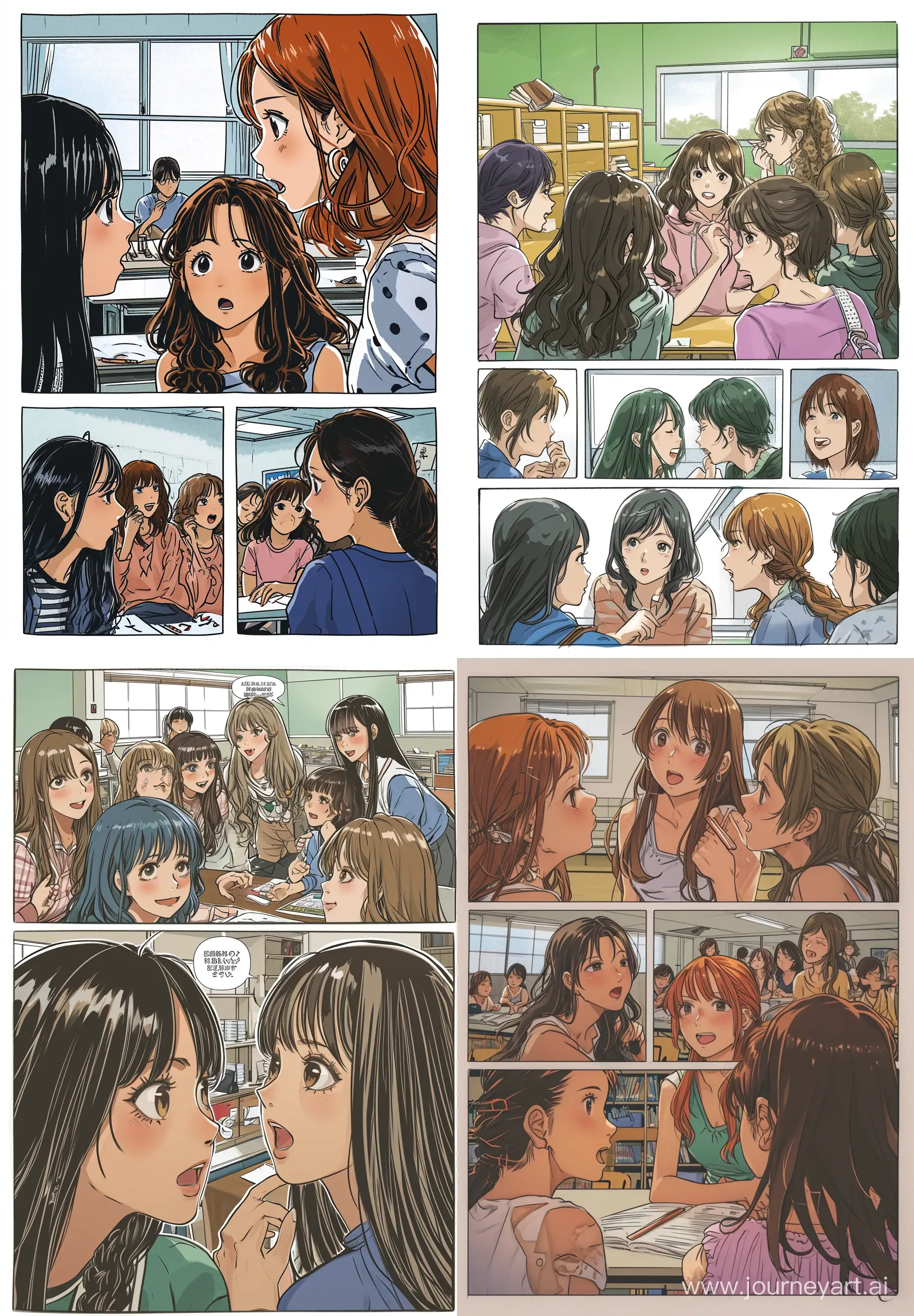 a colored manga panel, a group of girls gossip together in a classroom, humorous comic style, shounen manga style, grown up characters, best quality, grown up style --q 2 --v 6 --ar 89:128 
