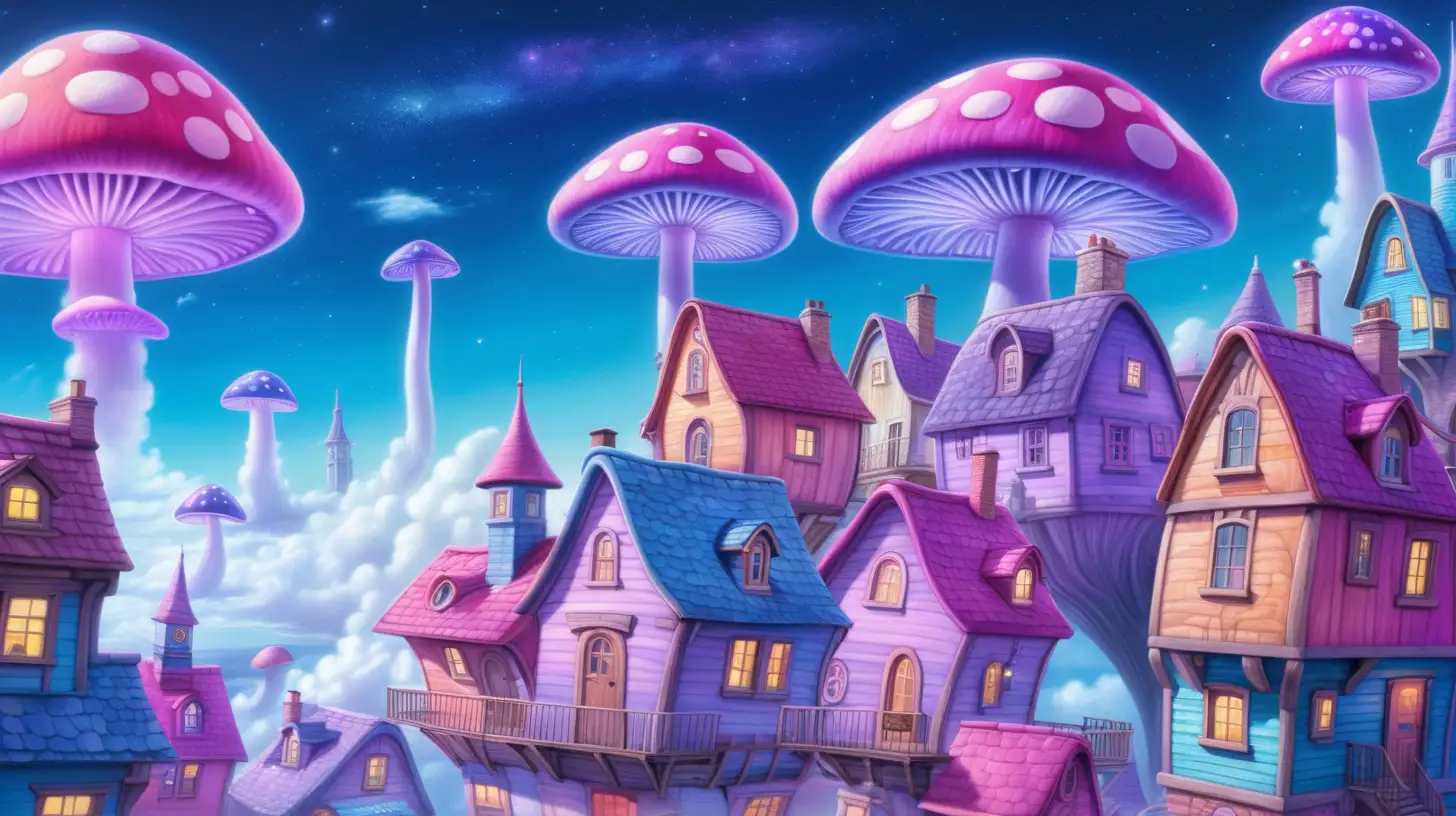 floating in the sky magical blue and rainbow magenta-lilac glowing mushroom village of houses with windows and doors and a chimney sitting on a cloud city in the sky