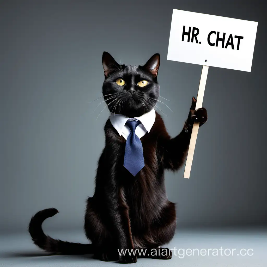 Крутой чёрный кот держит табличку HR CHAT