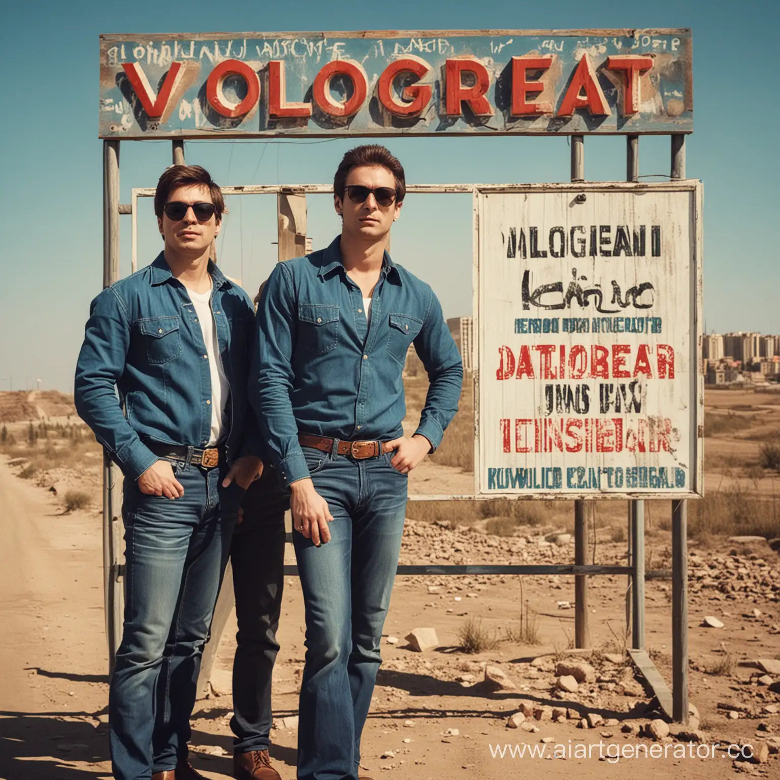 Обложка для музыки, два мужика в солнечных очках перед знаком "Волгоград - Саратов"
