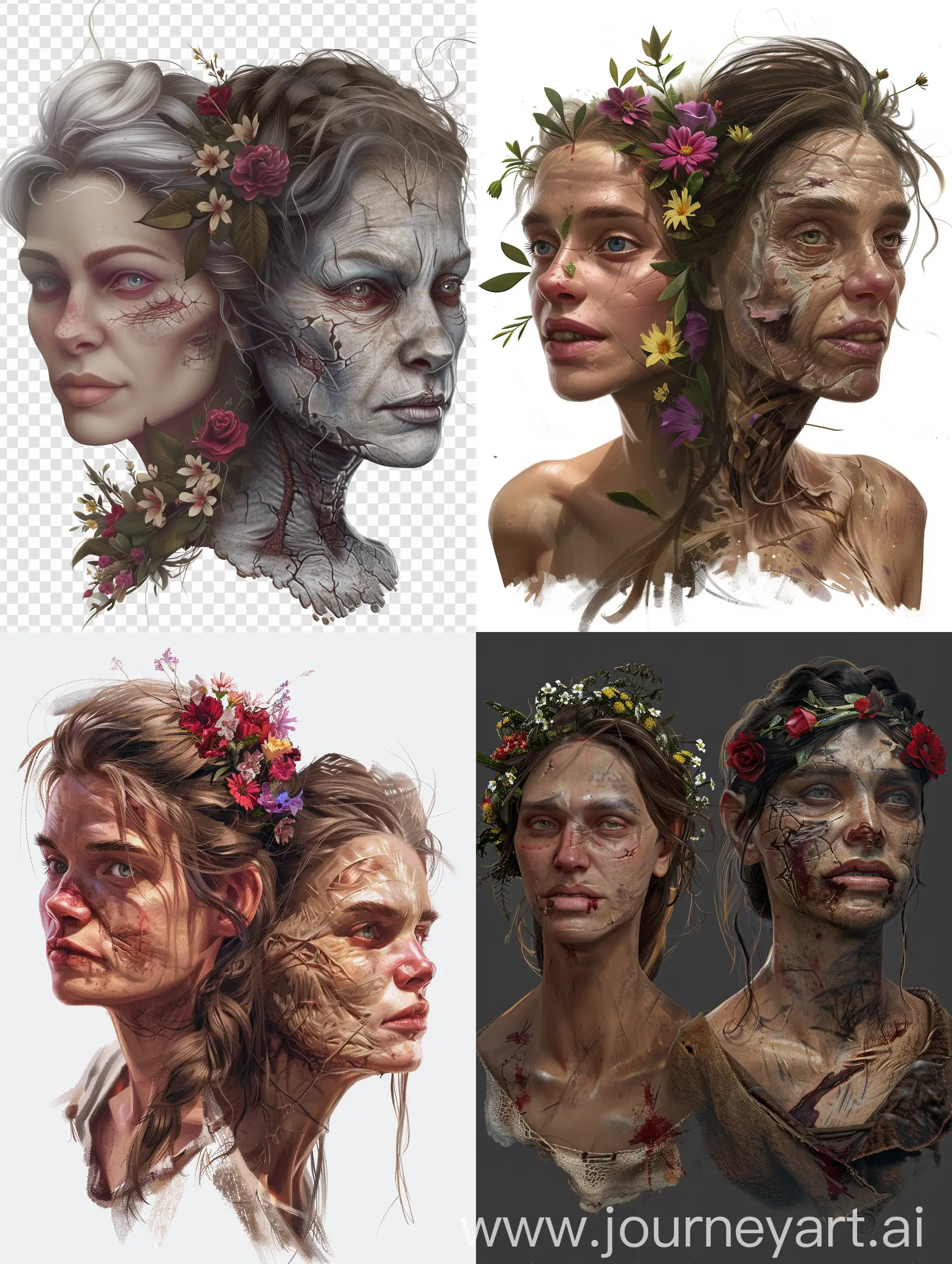 Realistic style. Transparent Background. Faces of two women. One woman is joyful, happy, beautiful, with flowers in her hair. The second woman is tired, sad, has some wrinkles, scars on her face and damaged hair.