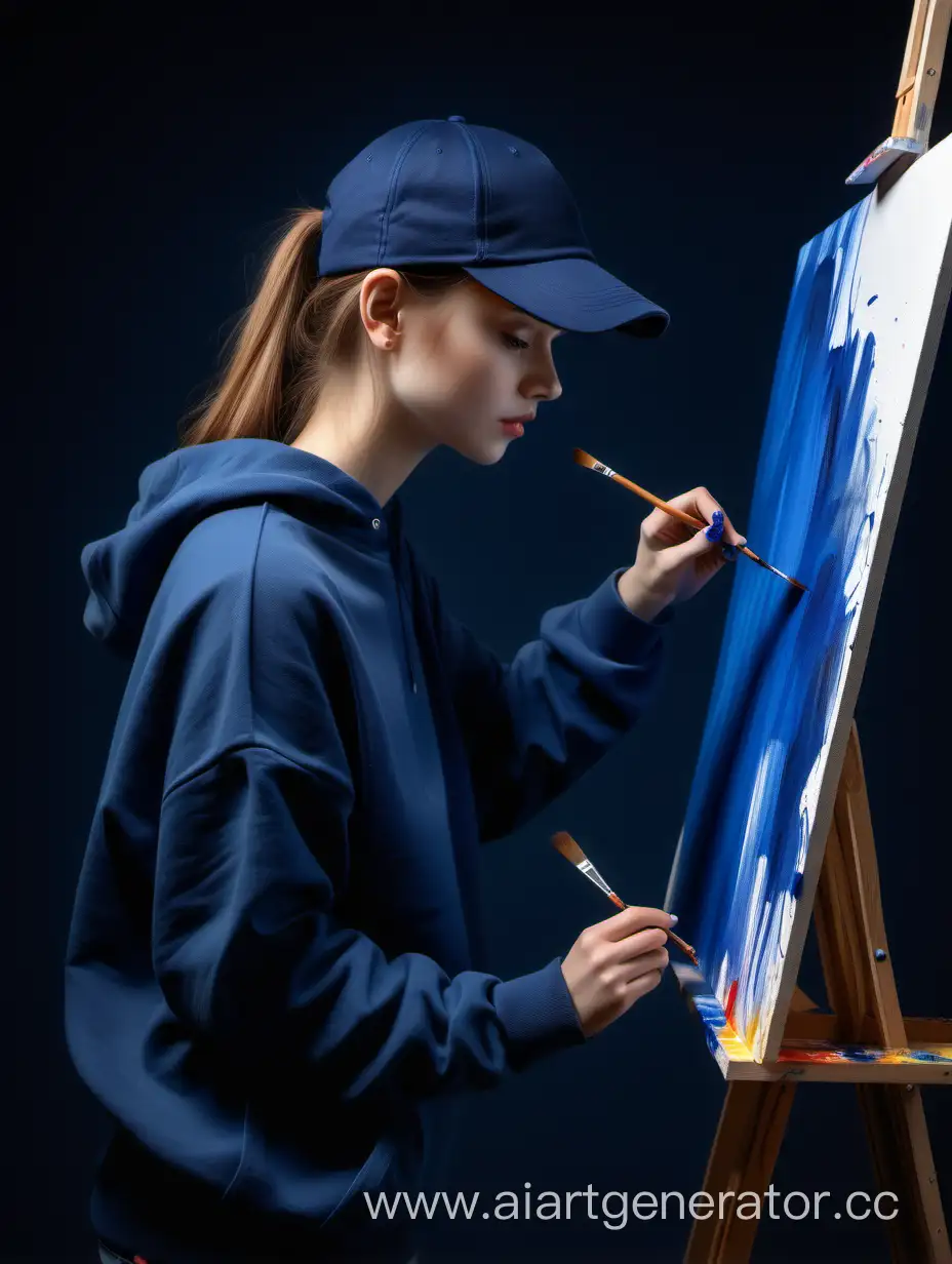 Young-Artist-in-Baseball-Cap-Creates-Vibrant-Masterpiece-on-Dark-Blue-Canvas