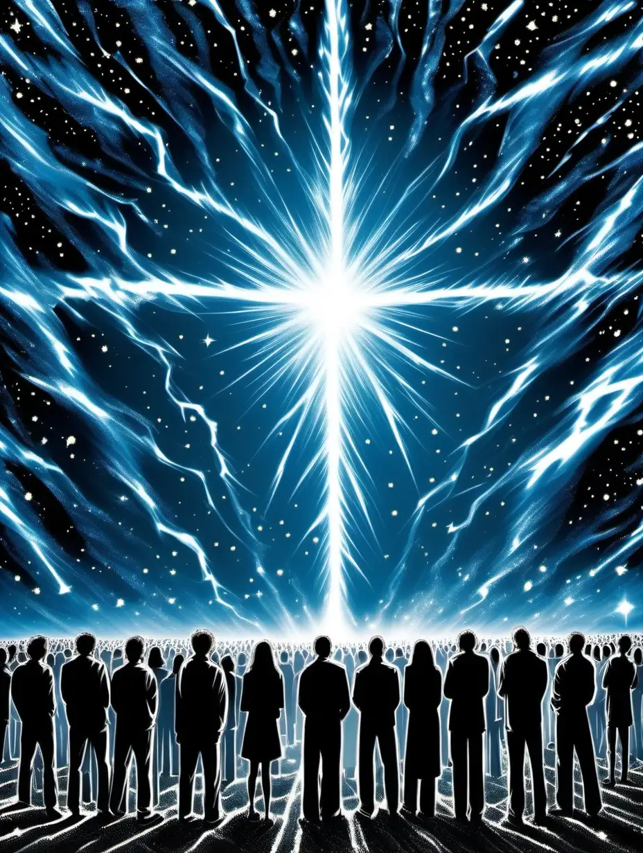 Supernatural electricity is striking one individual out of a group of hundreds. Every individual is looking up into a dark blue sky with stars that are shining like diamonds off the page. There  is a thin fog hovering over all the people which some believe is the presence of God.