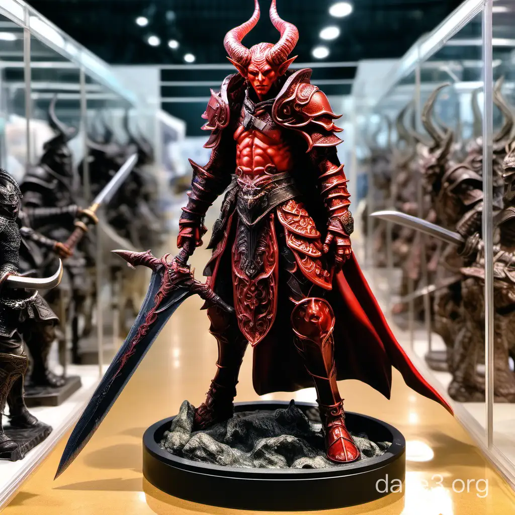 Red skinned Tiefling warlord in full plate mail. Weilding a massive greatsword. A full body image of a highly detailed plastic anime figurine, standing on a base in a display case with other similar fantasy anime figures in the background.