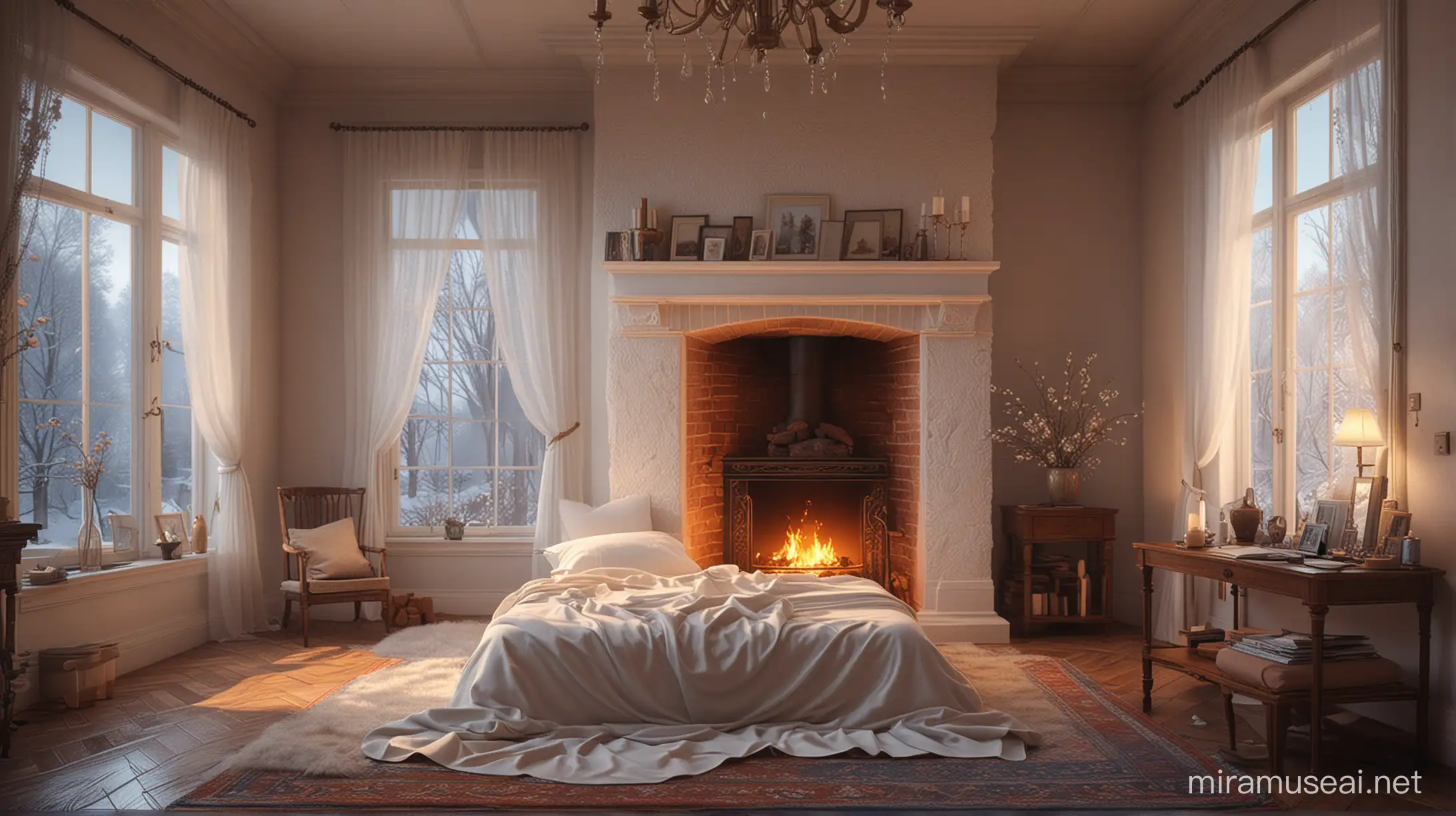 a room with a bed and a fireplace in it, computer graphics by Evgeny Lushpin, featured on tumblr, neo-romanticism, enchanting, soft mist, atmospheric, Miki Asai Macro photography, close-up, hyper detailed, trending on artstation, sharp focus, studio photo, intricate details, highly detailed, by greg rutkowski Large wall window rrainy day
