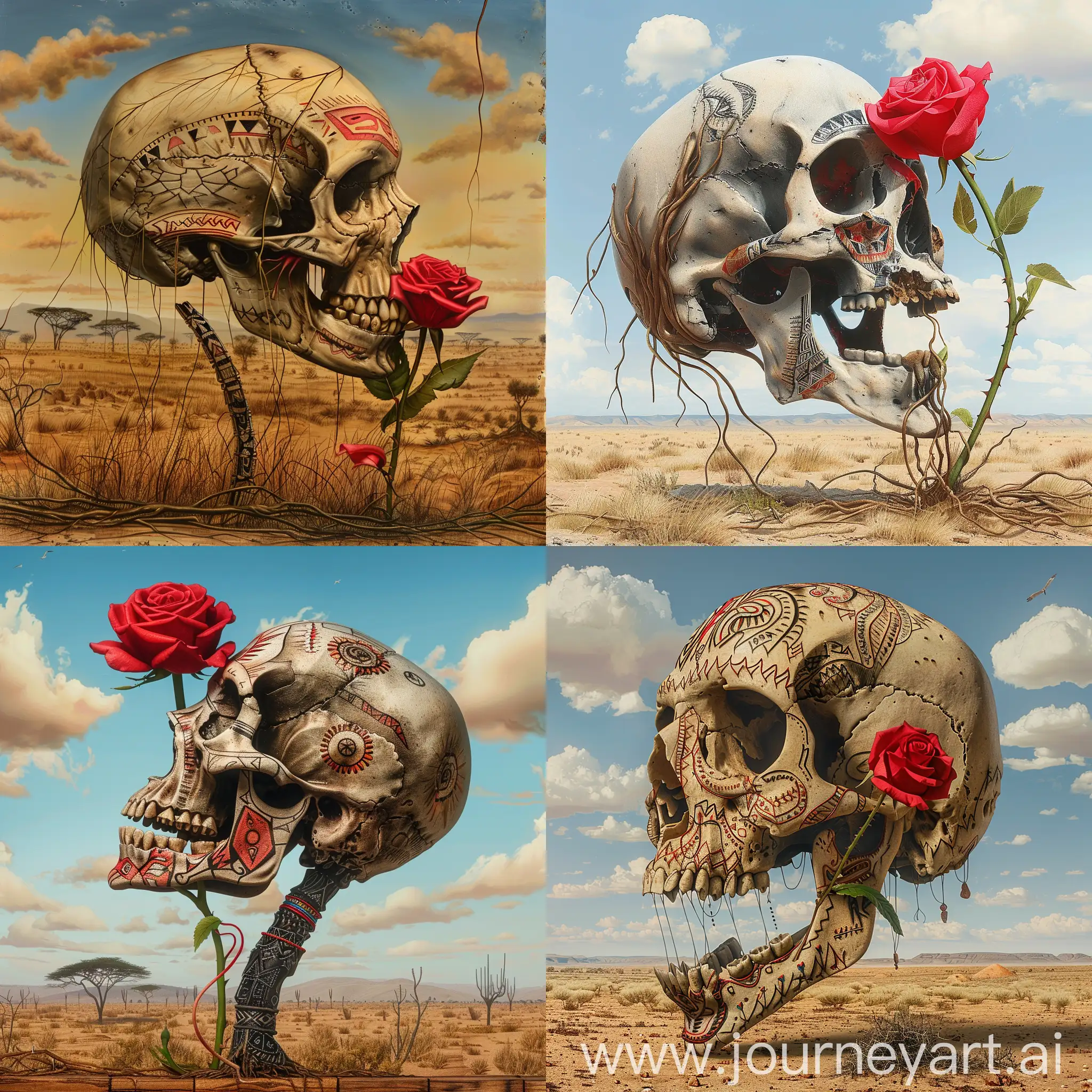 African-Skull-Holding-Red-Rose-Tribal-Savanna-Portrait