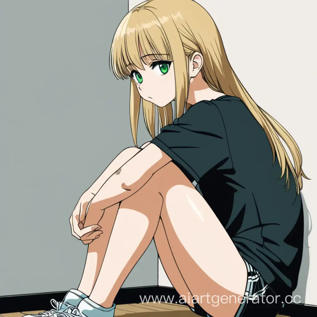 young girl, big beautiful green eyes, sweet face, short stature, long blonde hair with straight bangs, She is sitting on the floor in a big black T-shirt that is too big for her, her face looks sad, anime style, She presses her back against the wall, hugging her knees, wearing only a T-shirt.