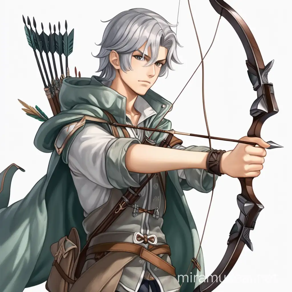 young man, fantasy anime style, greyish hair, bow and arrow, hunters clothes, stern face
