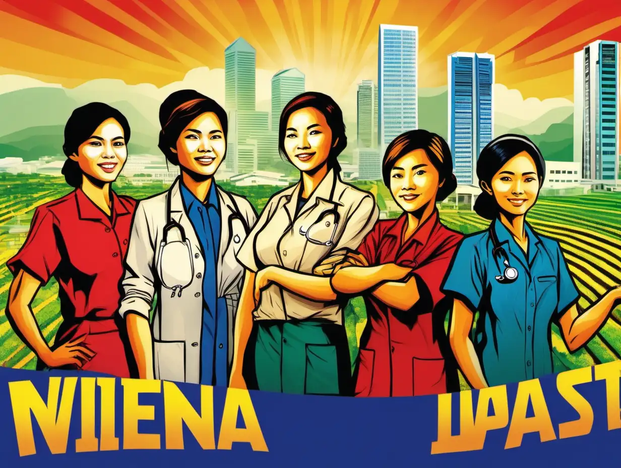 vietnamese poster, with a female teacher, a female doctor, a farmer, an engineer, joining hand, with modern citiscape in the background, promoting socialist values, using vibrant colors