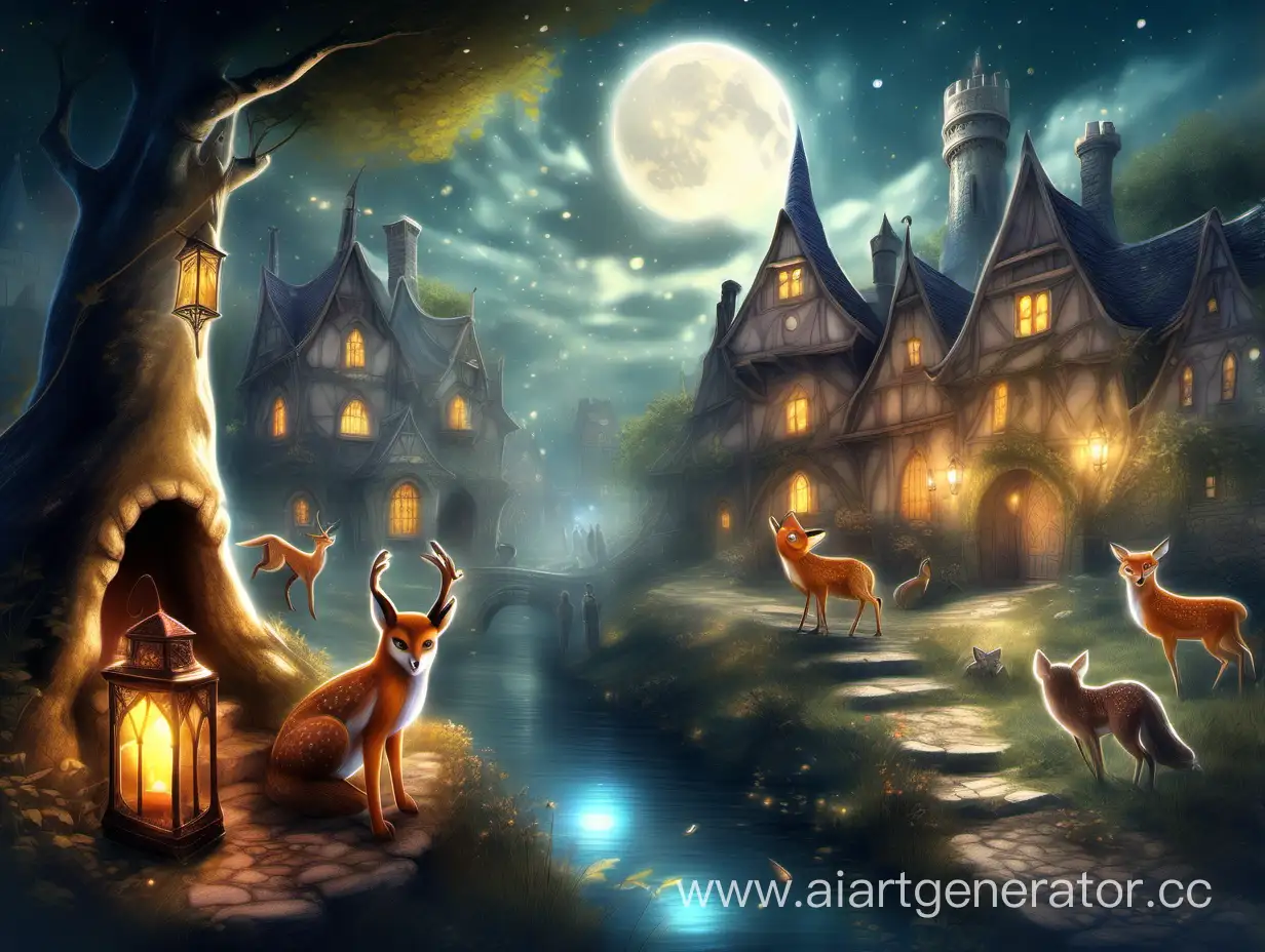 
- A mystical landscape featuring a majestic castle in the background, shrouded in mist and moonlight.
- Centered in the foreground, a glowing magic lamp radiating its enchanting light, surrounded by swirling wisps of magic.
- A wise witch stands beside the lamp, her cloak billowing in the breeze, holding a spellbook adorned with ancient runes.
- Various animals, including a wise owl perched on a tree branch, a mischievous fox peeking from behind a bush, and a friendly deer grazing nearby, adding to the enchanted ambiance.
- A bustling village scene unfolds beneath the castle, with cheerful villagers going about their daily activities, some chatting in groups, while others tend to their gardens or gather around a market stall.
- Nestled within the village, a quaint well stands as a focal point, its waters shimmering with secrets and stories waiting to be discovered.
- The banner is illuminated by the soft glow of moonlight, casting an ethereal aura over the entire scene, inviting viewers to immerse themselves in the magic of storytelling.