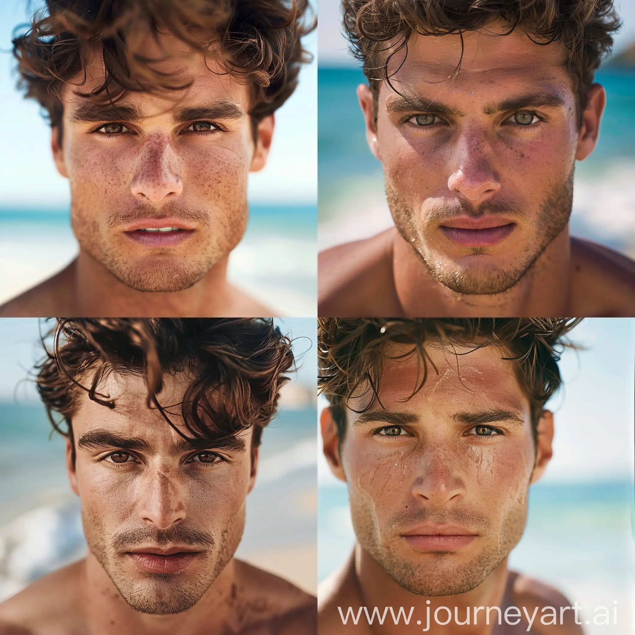 muslce man at beach with brown hair and eyes