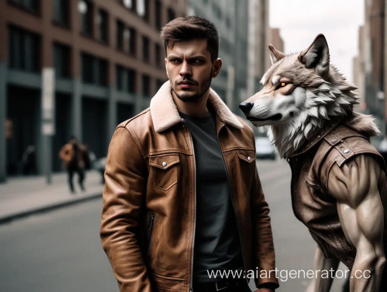 Брутальный парень  в светло коричневой дубленке с воротником  стоит рядом с  волком в городе. 