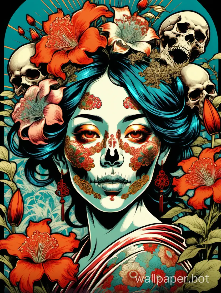 Chinese woman, skull, lot of explosive Chinese flowers, wild flowers around, pop art poster, Alphonse Mucha ornamental poster, high contrast colors, macro line art, deep 3D effect, sticker art, stylized very fragmented border