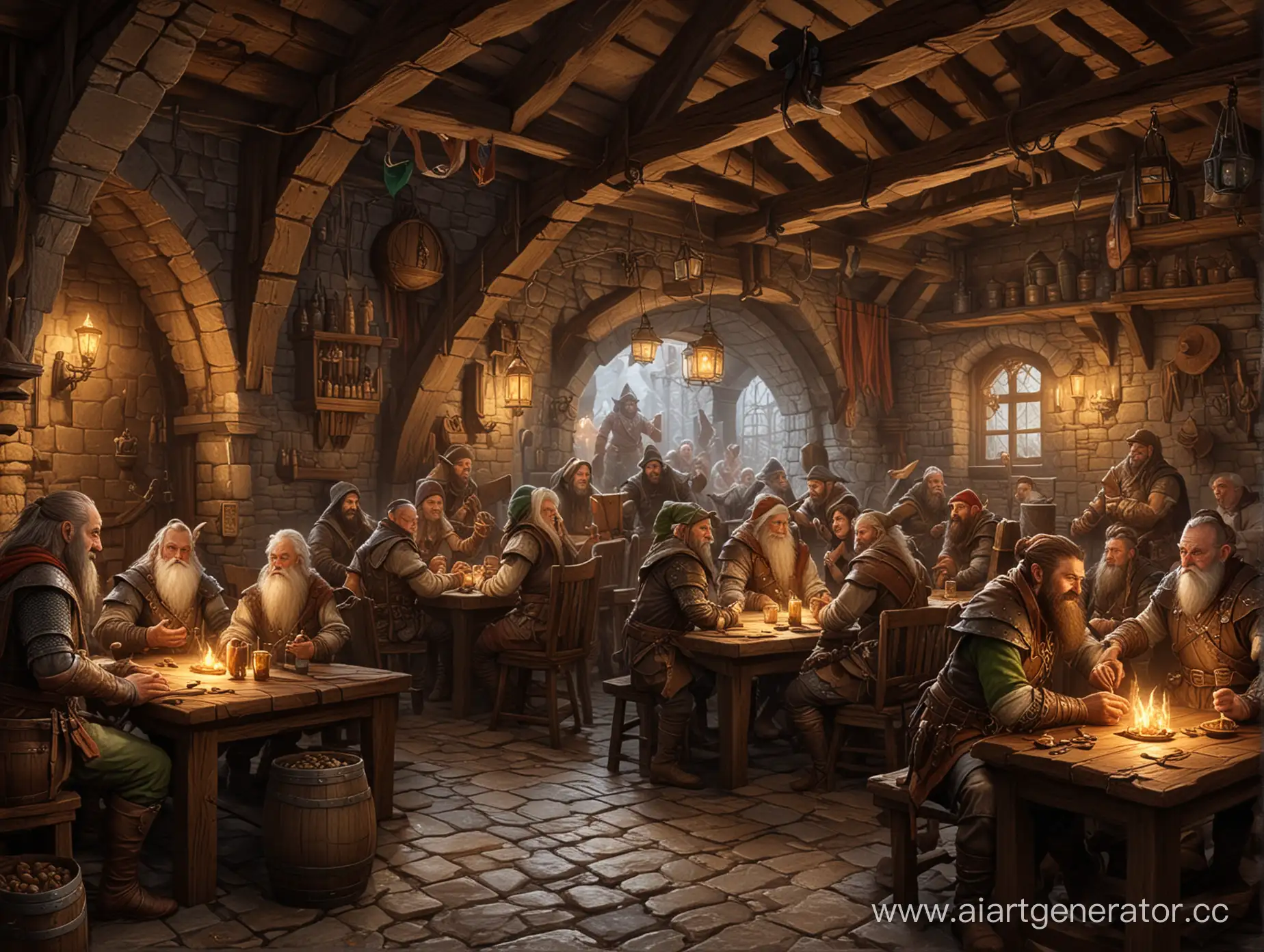 Fantasy-Tavern-Scene-with-Elves-Dwarves-and-Goblins