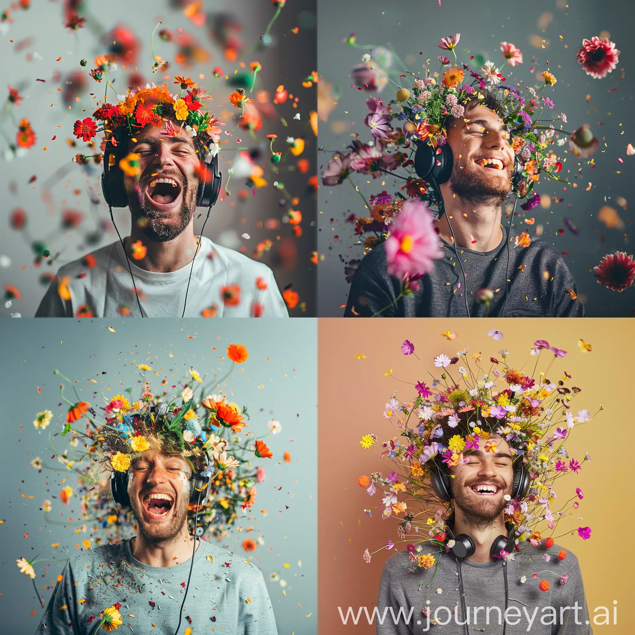 a happy man wearing headphone having flower blast ,shot with hassleblade camera