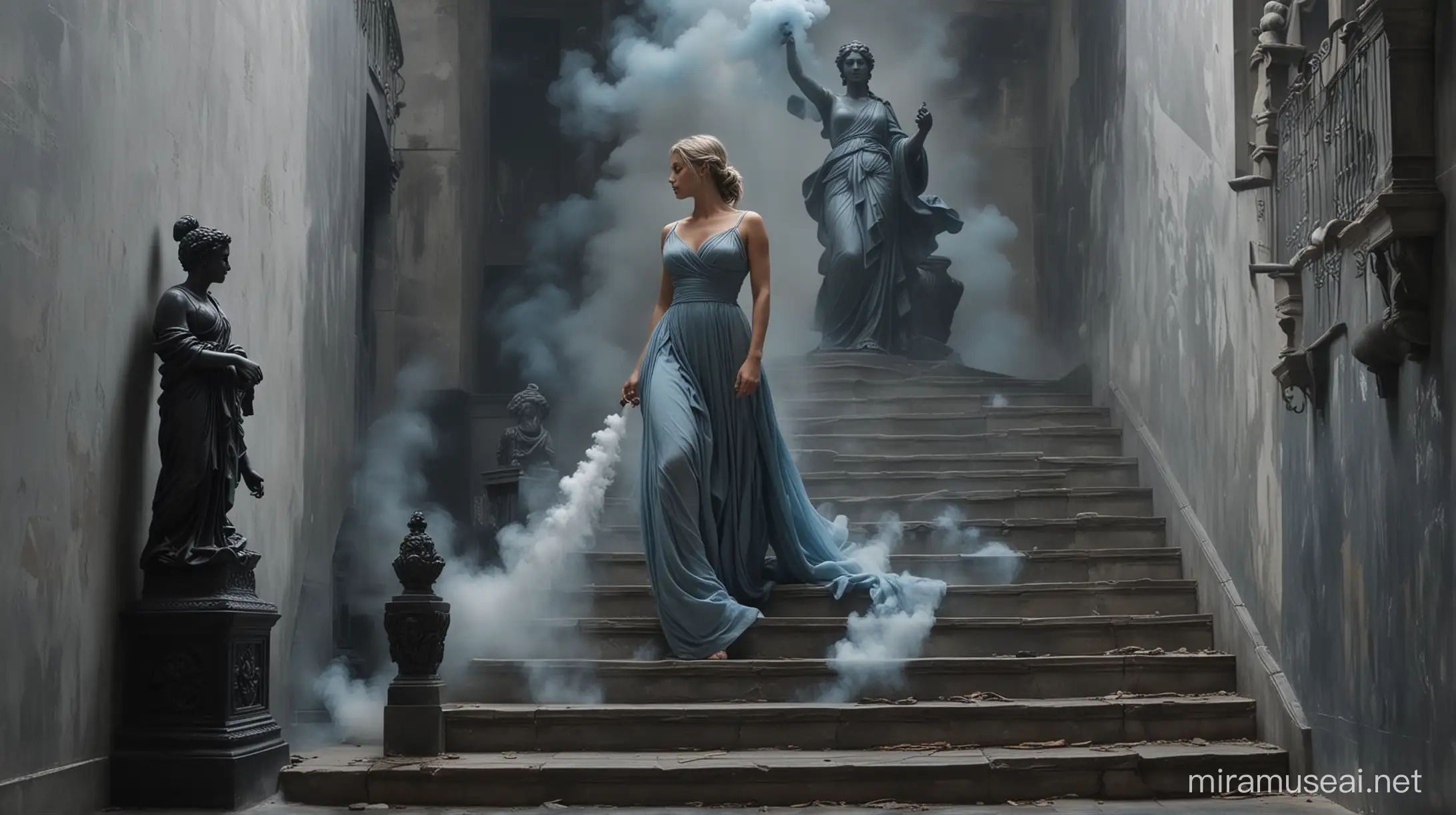 Stoic Woman Descending Stairs Amidst Kneeling Statues and Ethereal Smoke