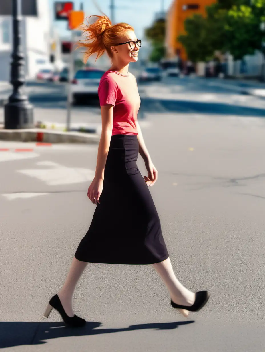 a full body photo of a teenager, thick prescription glasses, very long dark straight fitted jersey sheath maxiskirt, high-heeled block-heeled shoes, strawberry blonde hair in a messy bun, outside, sunny, walking across the street, bright ombre tights, embarrassed smile, side view