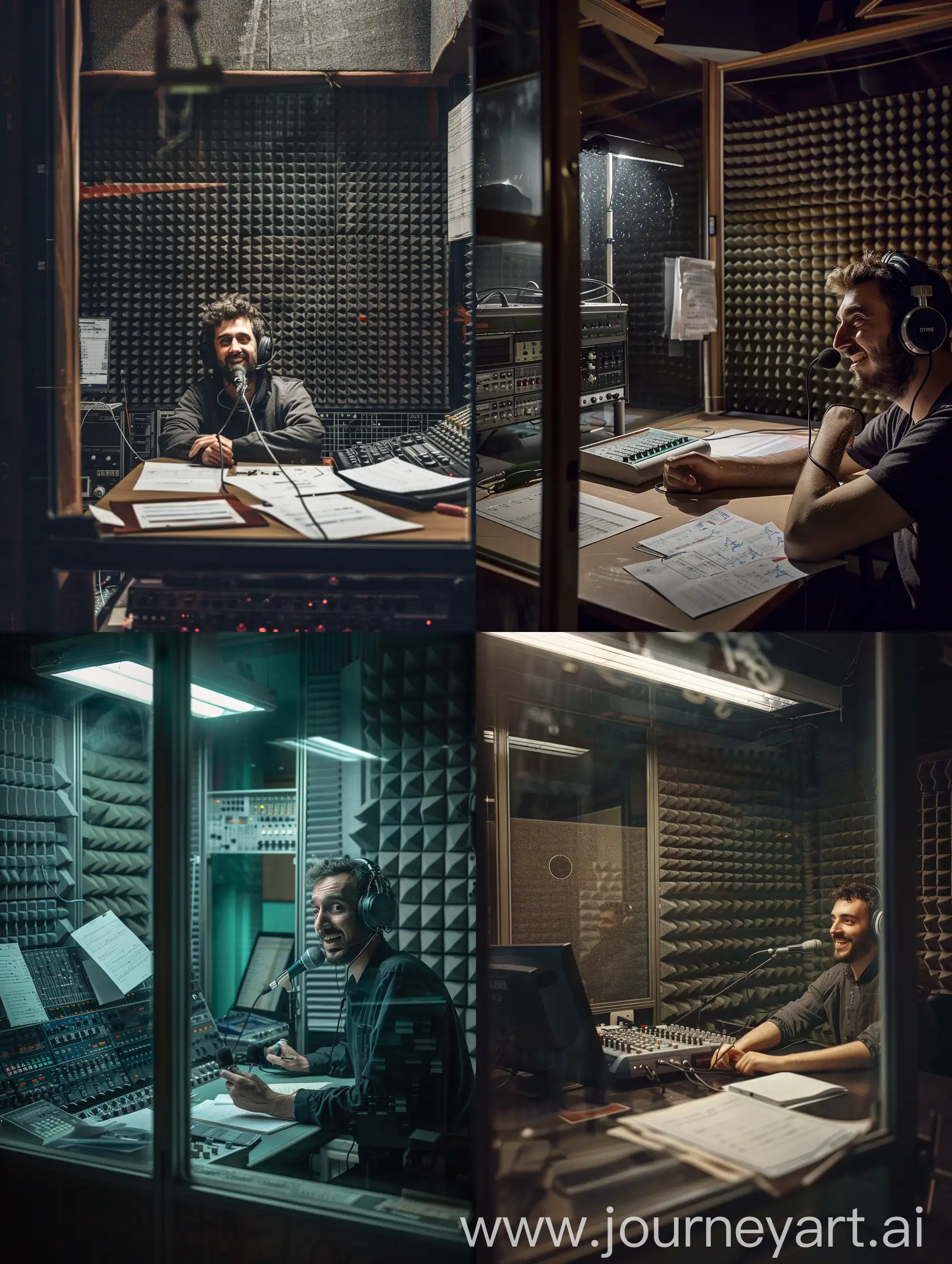 A 26 year old male Italian radio speaker speaks into the microphone, in his small radio broadcast room. The room is very small and empty and the walls are covered in sound-absorbing material. The speaker has an amused face, is wearing a pair of headphones and has his arms resting on the table. Next to him there are some sheets of notes and a small audio mixer. In front of him there is a large glass window that divides the room from the control room. The speaker is framed three-quarters from behind the head. The photo is in color with a dark atmosphere